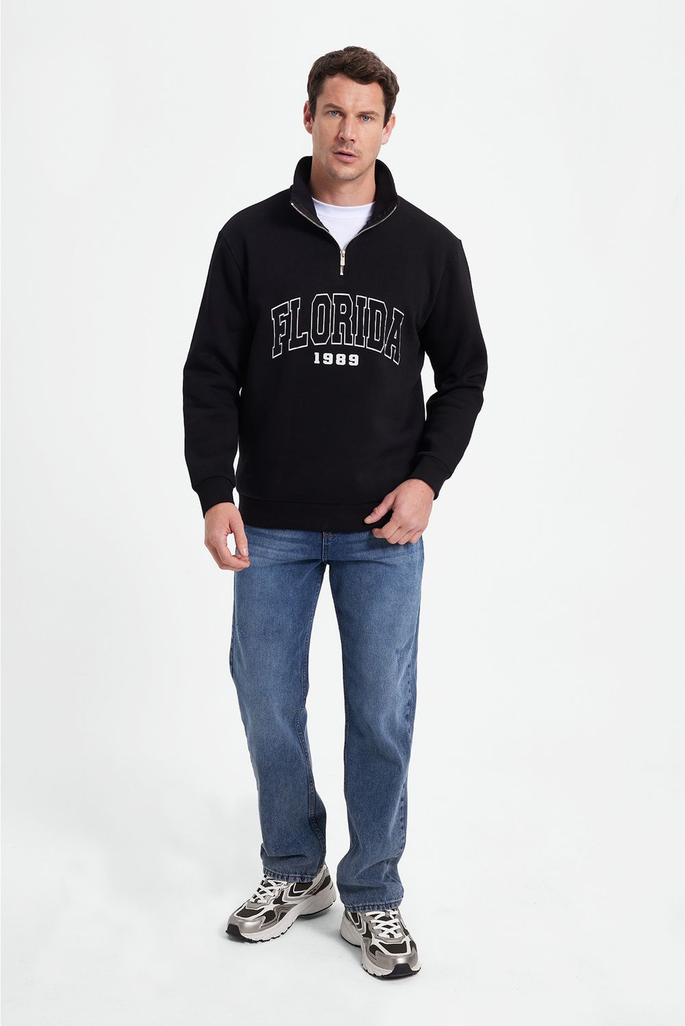 Erkek Relax Fit Rahat Kesim Pamuklu Yarım Fermuarlı Baskılı Siyah Sweatshirt