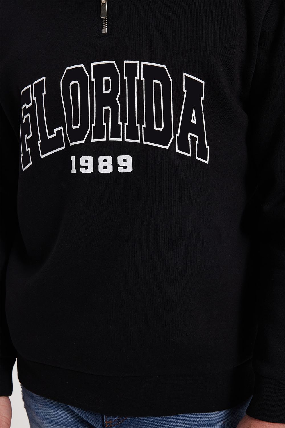 Erkek Relax Fit Rahat Kesim Pamuklu Yarım Fermuarlı Baskılı Siyah Sweatshirt