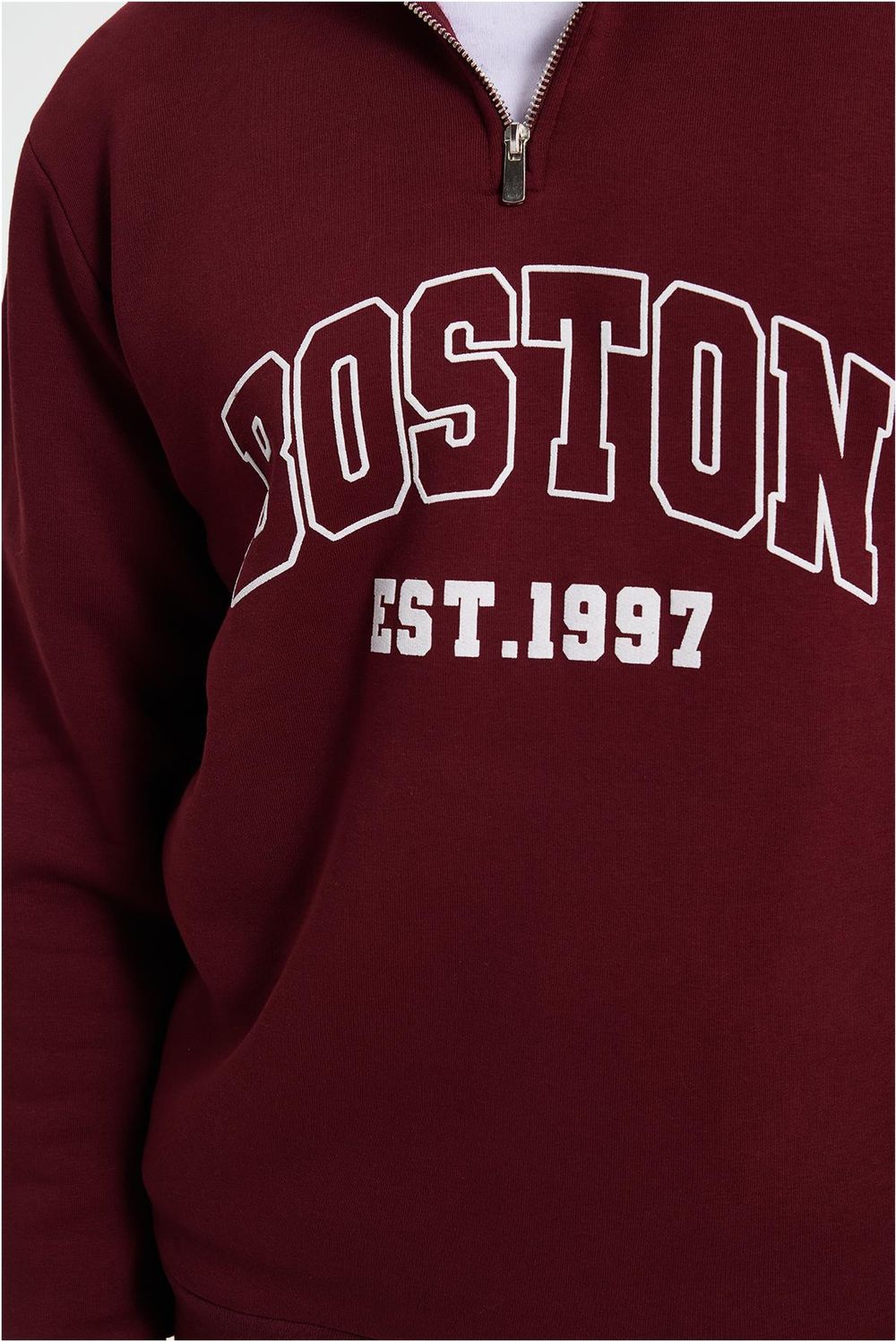 Erkek Relax Fit Rahat Kesim Pamuklu Yarım Fermuarlı Baskılı Bordo Sweatshirt