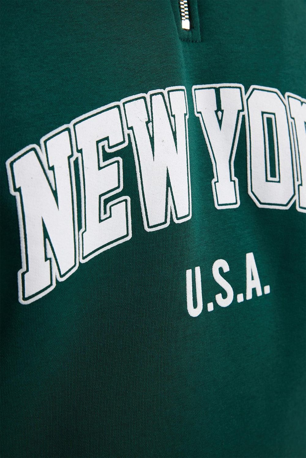 Erkek Relax Fit Rahat Kesim Pamuklu Yarım Fermuarlı Baskılı Haki Sweatshirt