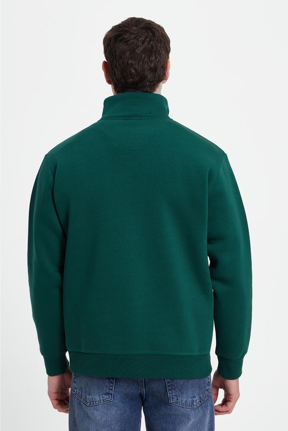 Erkek Relax Fit Rahat Kesim Pamuklu Yarım Fermuarlı Baskılı Haki Sweatshirt