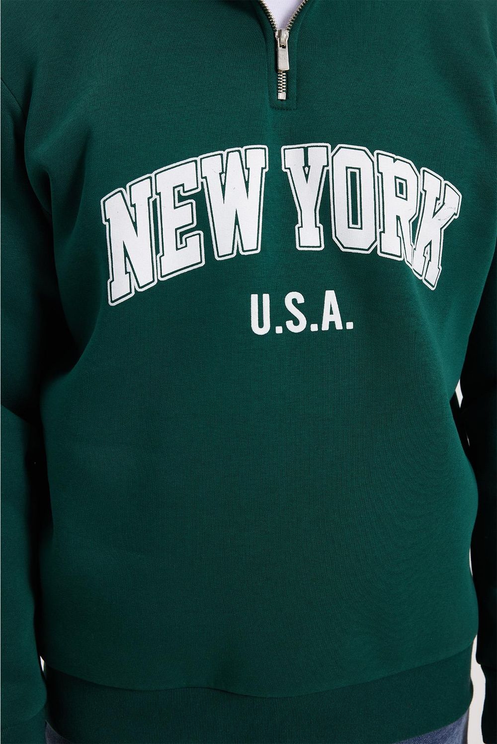 Erkek Relax Fit Rahat Kesim Pamuklu Yarım Fermuarlı Baskılı Haki Sweatshirt