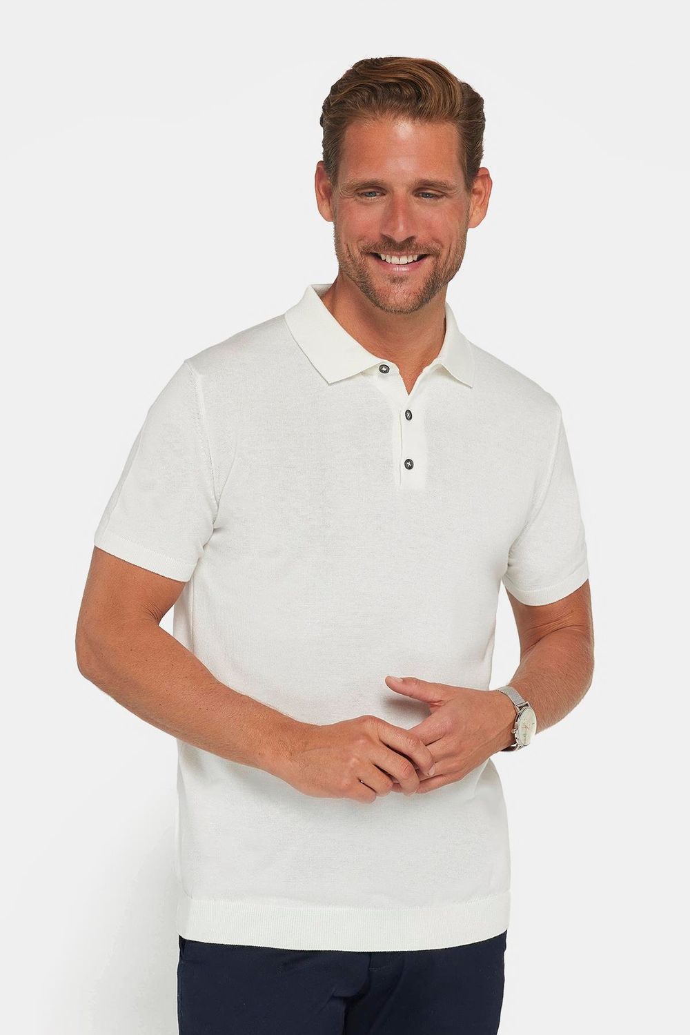 Erkek Slim Fit Dar Kesim Pamuklu Örme Triko Beyaz Polo Yaka Tişört