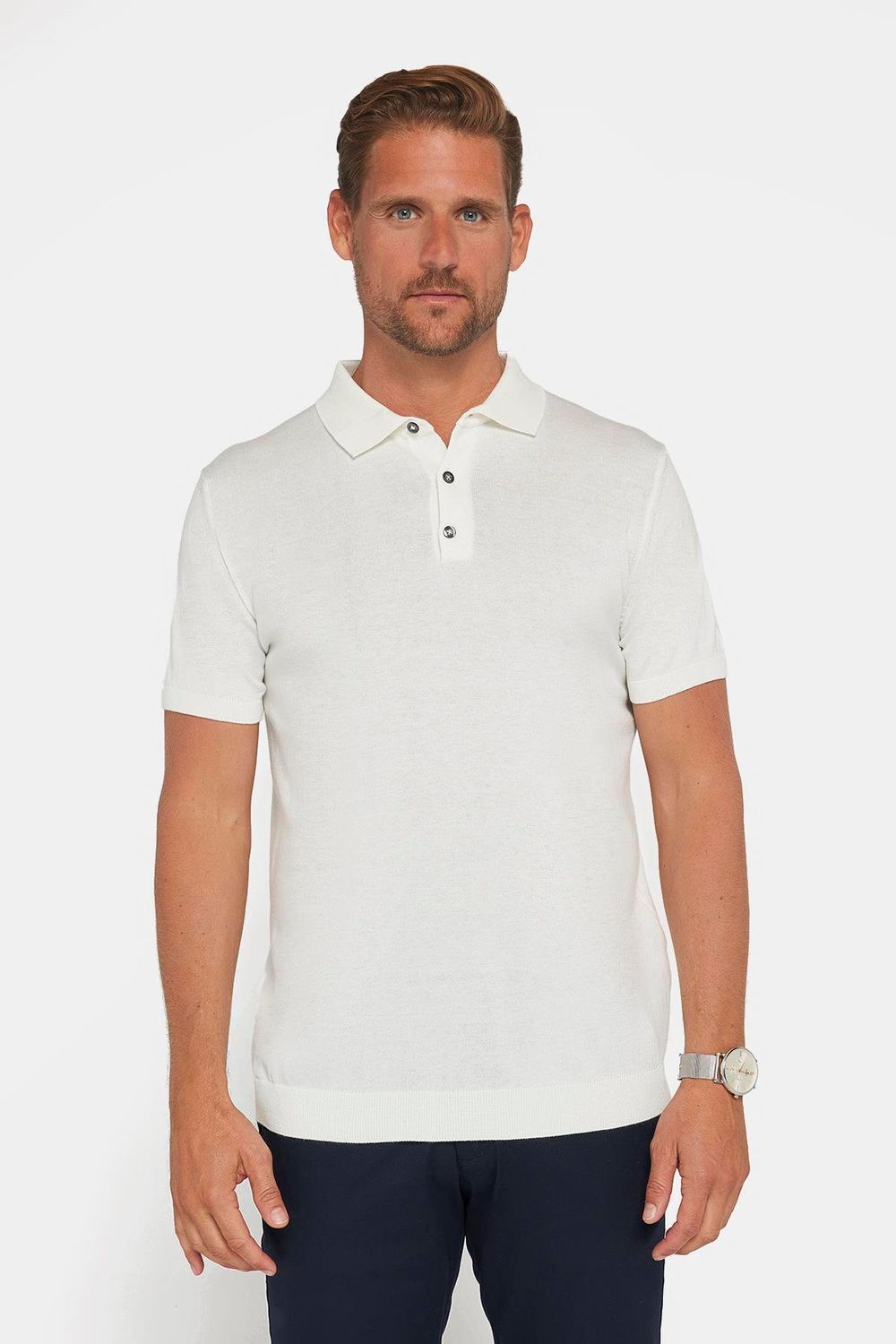 Erkek Slim Fit Dar Kesim Pamuklu Örme Triko Beyaz Polo Yaka Tişört