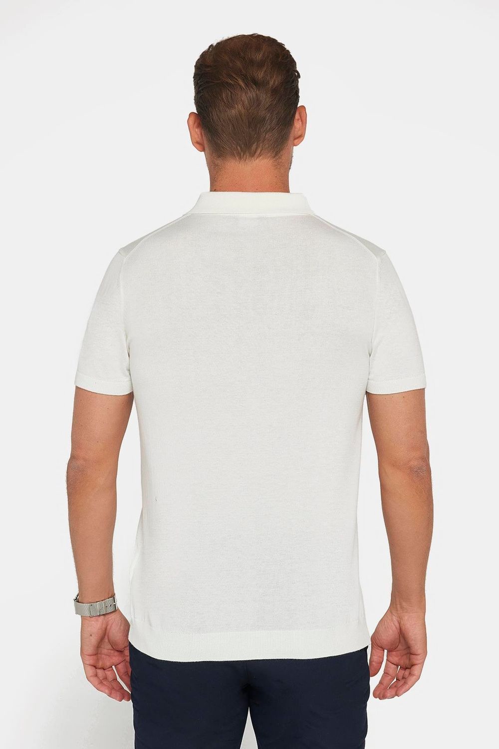 Erkek Slim Fit Dar Kesim Pamuklu Örme Triko Beyaz Polo Yaka Tişört