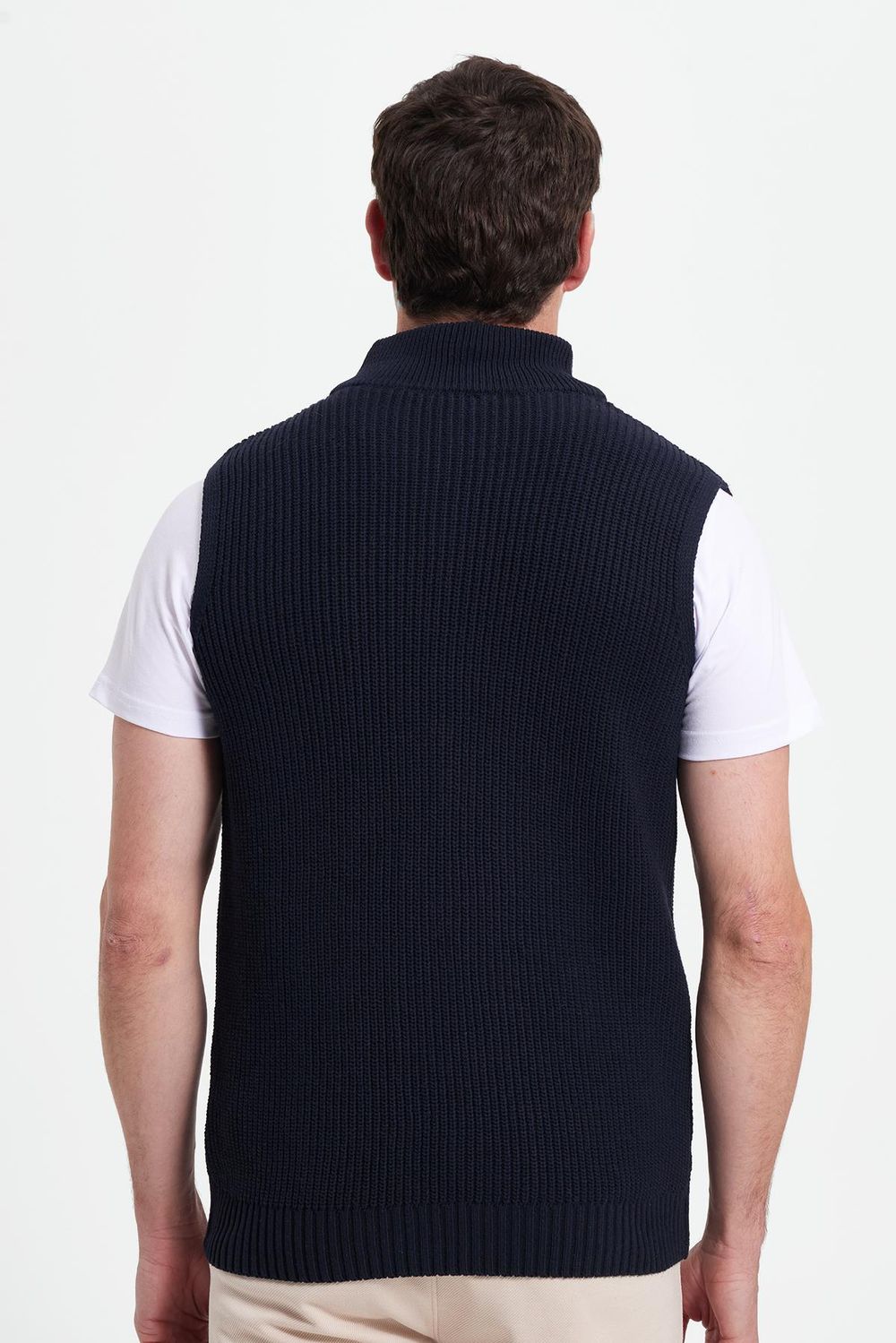 Erkek Standart Fit Normal Kesim Fermuarlı Dik Yaka Sıcak Tutan Lacivert Triko Yelek