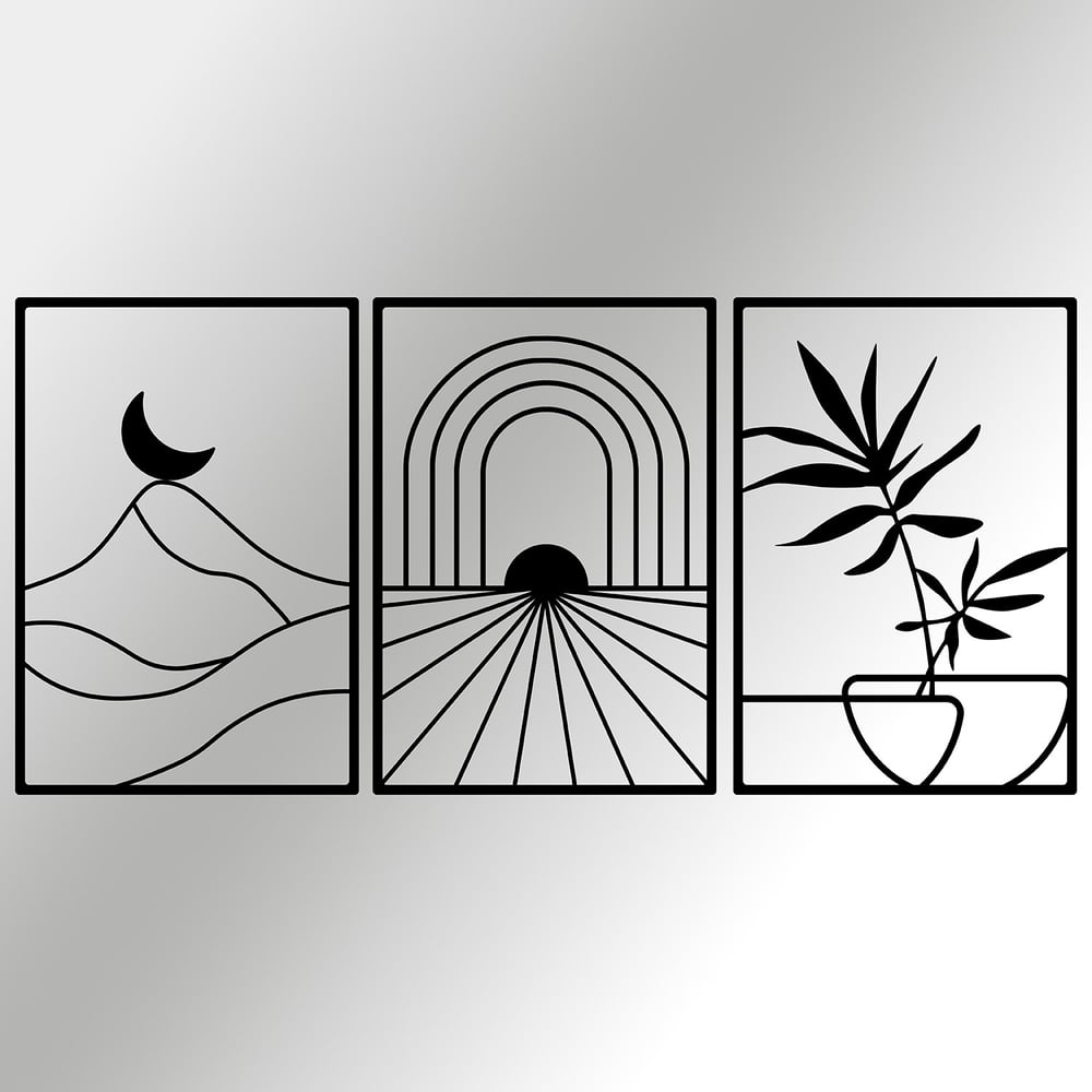 Path of Light Üç Parça Boho Esintili, Çiçek ve Dağ Motifli Soyut Metal Duvar Dekorasyon Seti, Ev, Ofis ve Oteller İçin Metal Tablo
