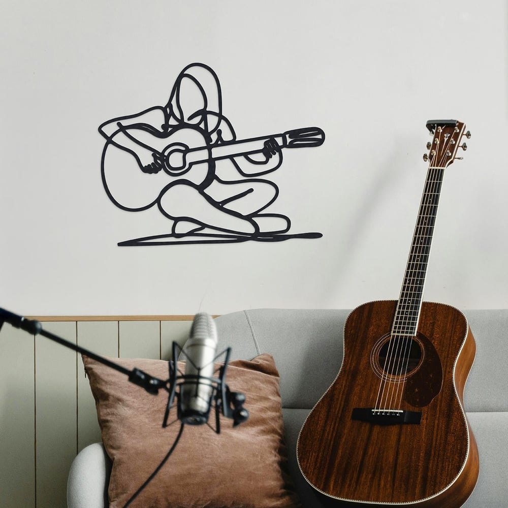 Sonara Minimalist Metal Gitarist Duvar Dekoru, Çizglisel Gitar Çalan Kadın Tablosu