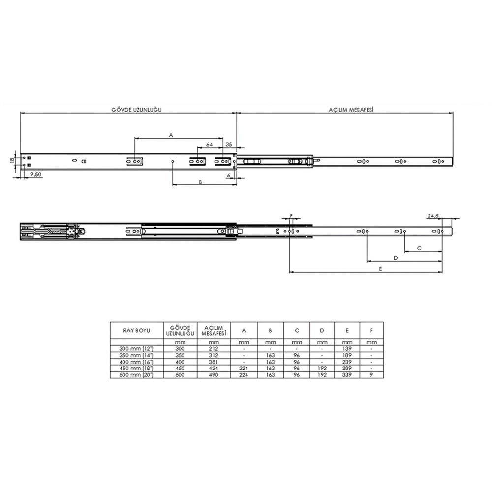 Canex Bas-Aç Teleskopik Bilyalı Ray (Kaplamalı)  Genişlik 43 mm Ray Uzunluğu 500 mm