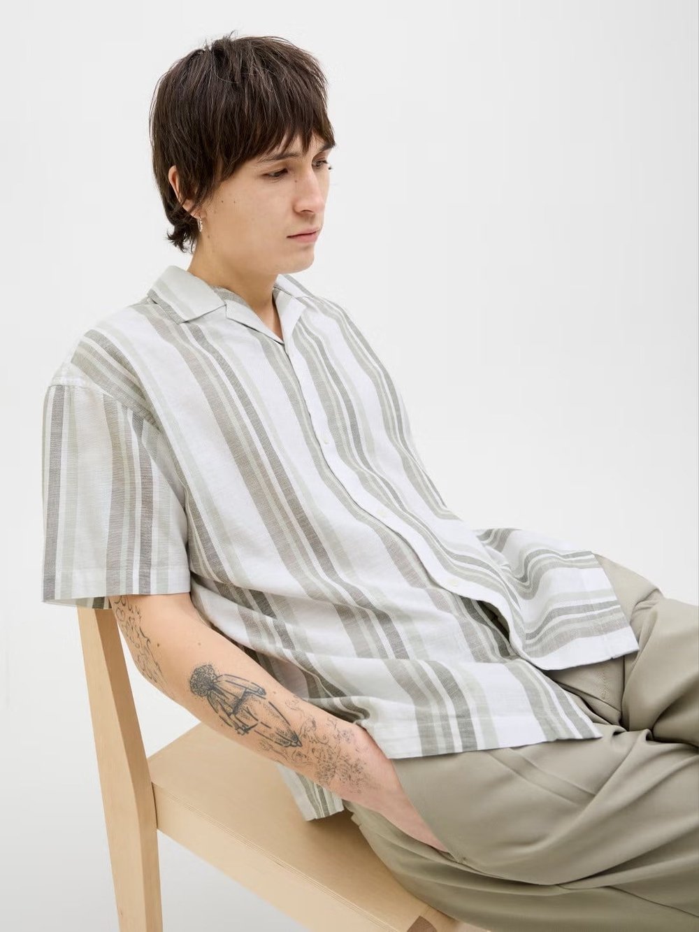 Jack & Jones Jprccsummer Stripe Resort S/S Shirt Sn Haki Erkek Kısa Kol Gömlek
