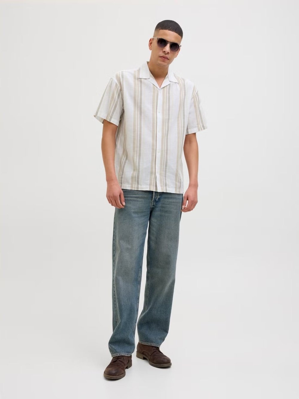 Jack & Jones Jprccsummer Stripe Resort S/S Shirt Sn Krem Erkek Kısa Kol Gömlek