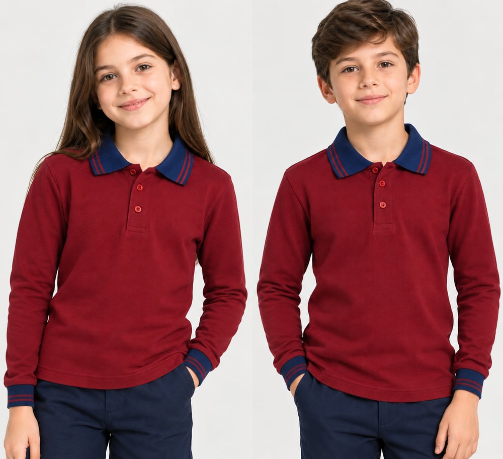 Lacivert Çizgi Yaka Bordo Uzun  Kol kız ve Erkek Çocuk T-shirt