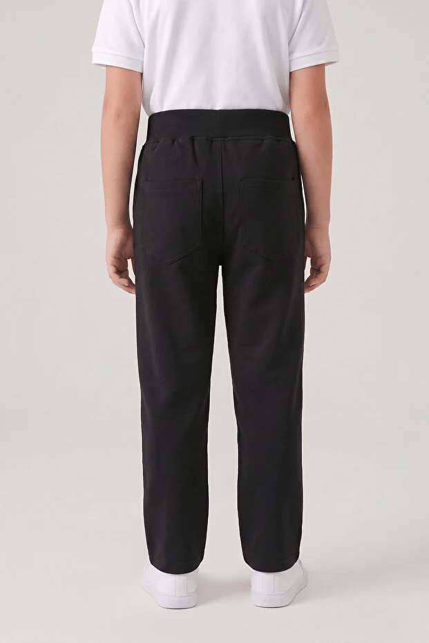 Siyah Unisex Çocuk Günlük Okul Pantolonu - Beli Lastikli Ribanalı Düz Paça Penye Eşofman Altı