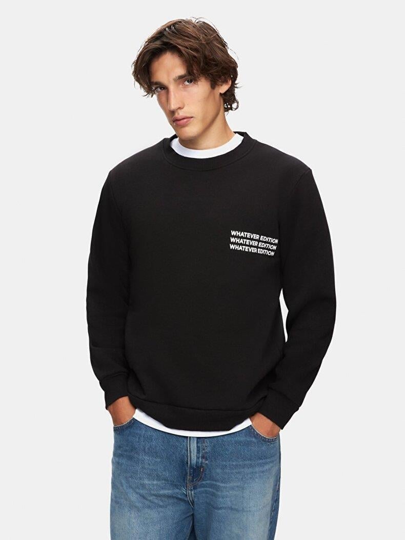 LTB NEBEZE Uzun Kollu Sıfır Yaka Slogan Baskılı Siyah Sweatshırt