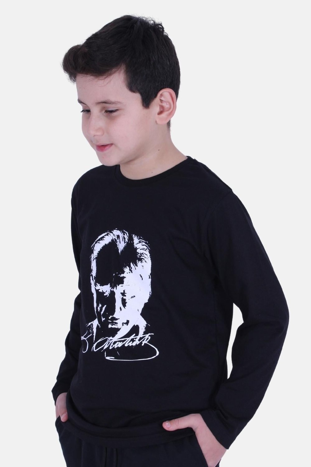 Atatürk Baskılı UZUN KOL Baskılı Atatürk Imzalı Unisex Çocuk T-shırt