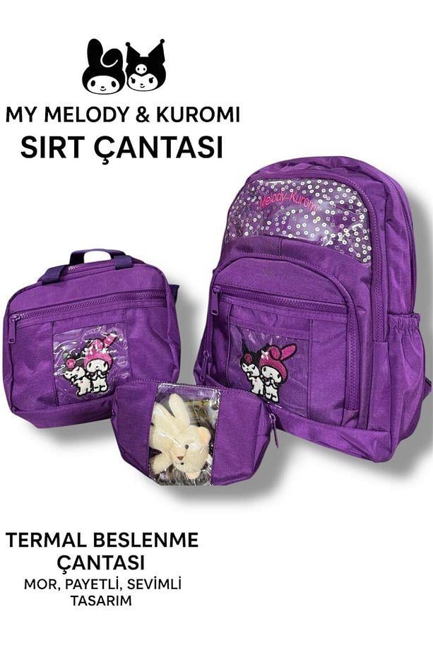 Probag Melody Kuromi 3lü Okul Çanta Sırt Çantası Beslenme Çantası Kalemlik Peluş Oyuncak Hediyeli