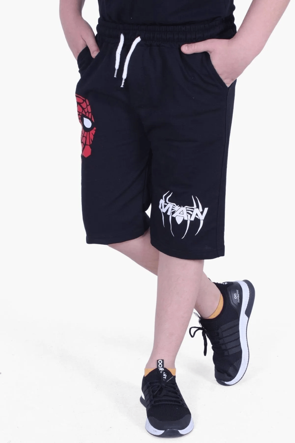 spiderman Baskılı Yüksel Bel Cepli Erkek Çocuk Siyah Kapri Şort