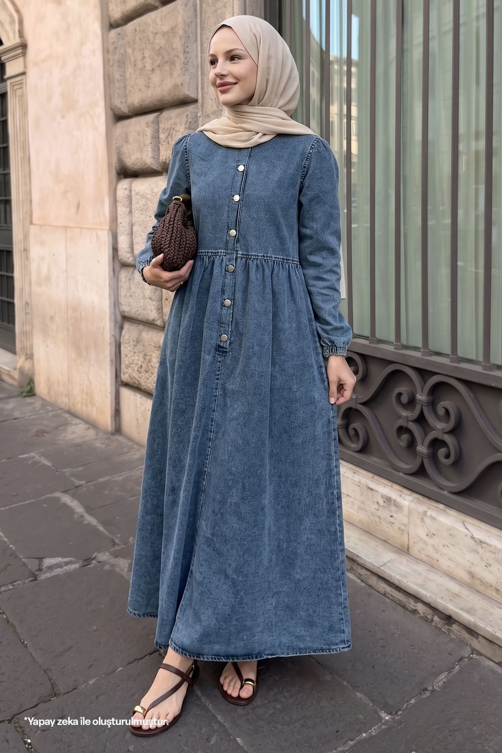 Balloon Sleeve Buttoned Blue Denim Dress