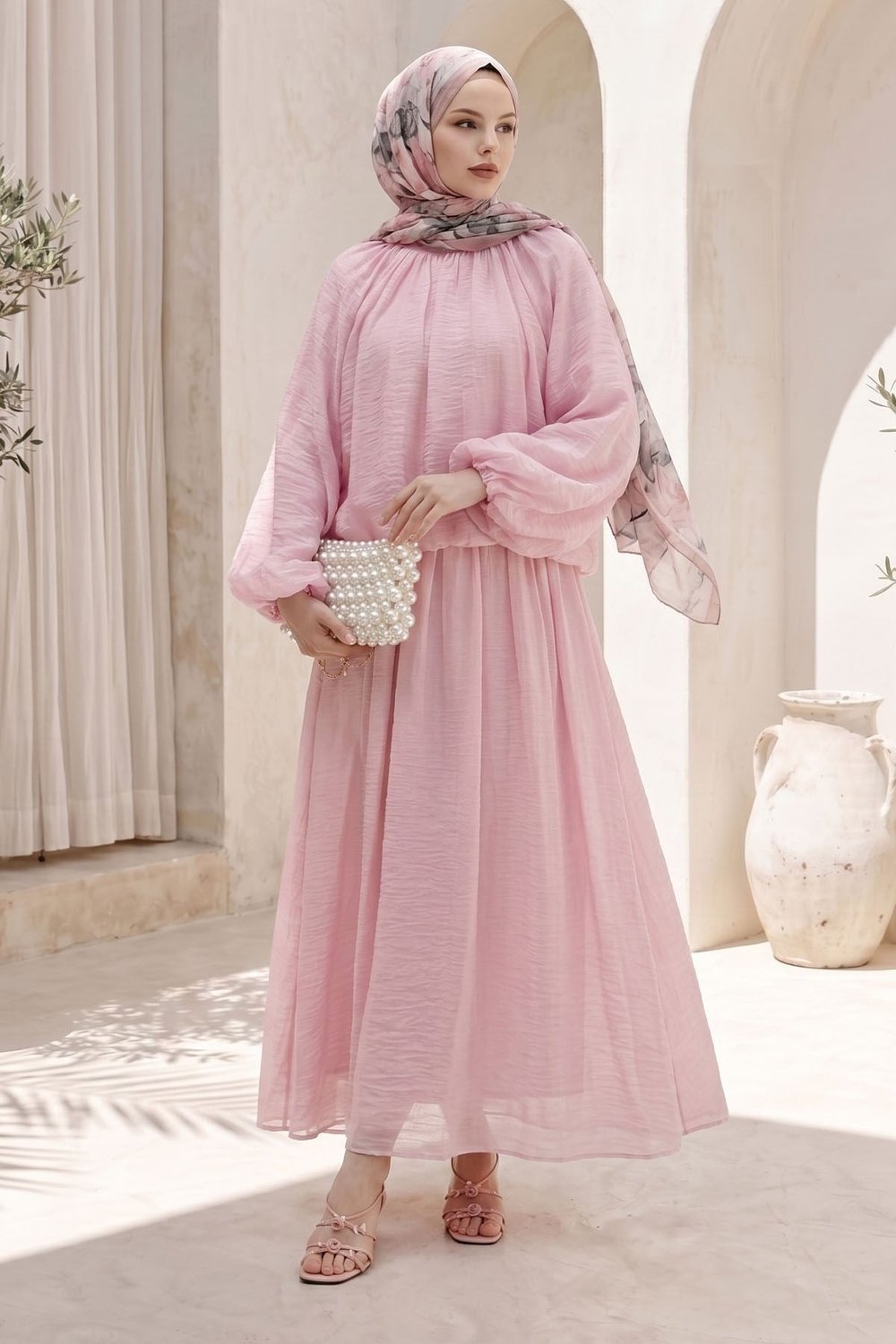 Balon Kol Etekli Pembe Keten Takım
