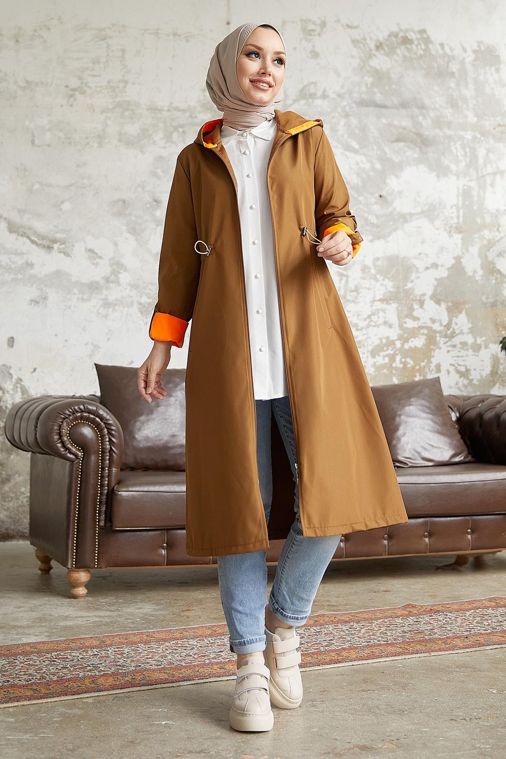 Beli Büzgülü Kapüşonlu Neon Trenç - Taba \ Turuncu