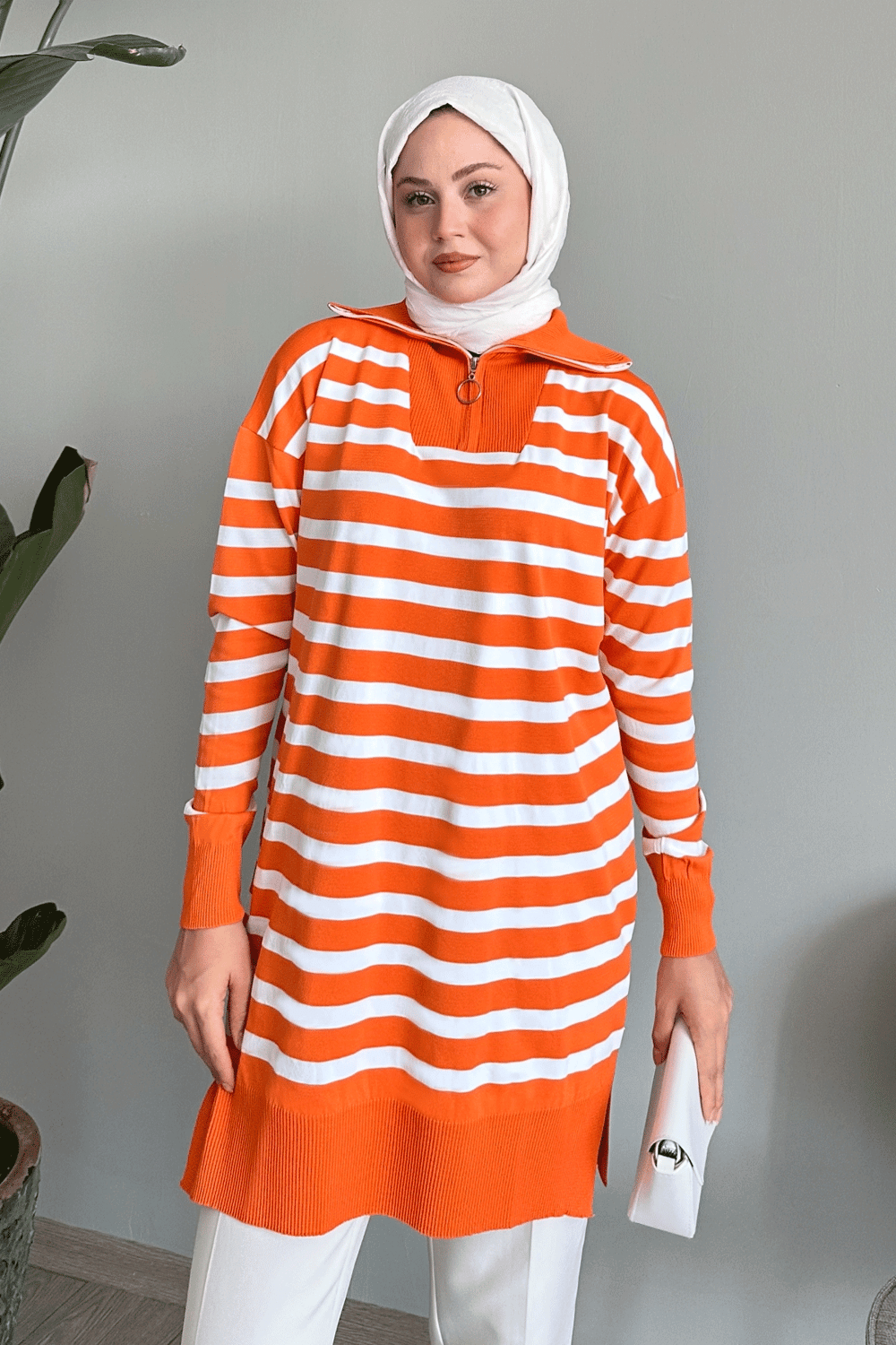 Boğazlı Şeritli Oranj Triko Tunik