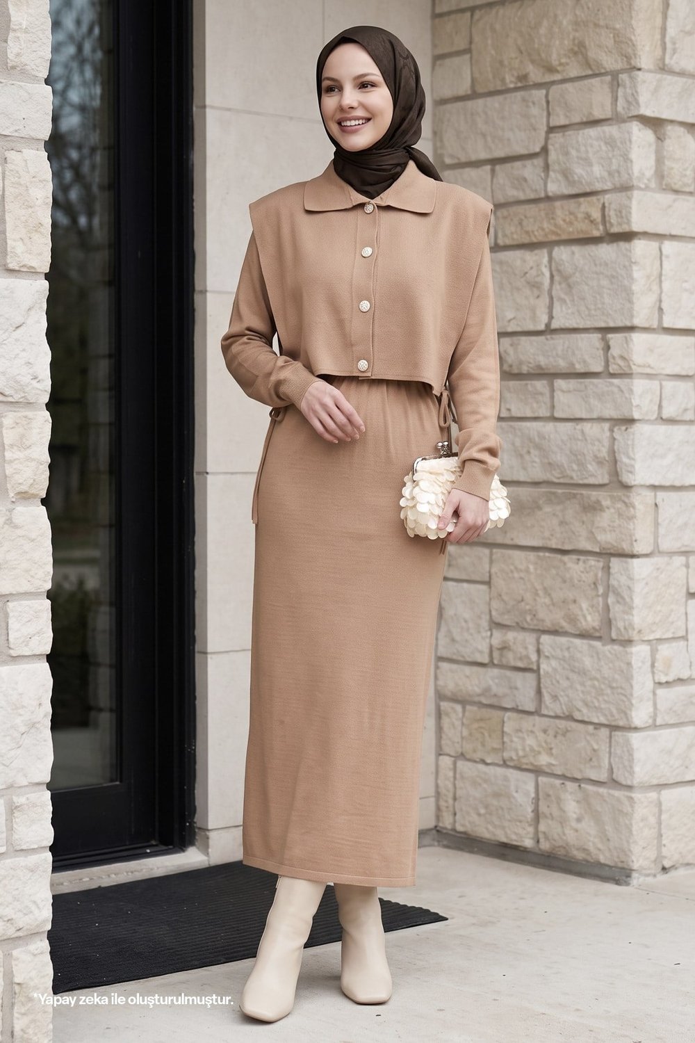 Bolerolu Elbiseli Camel Takım