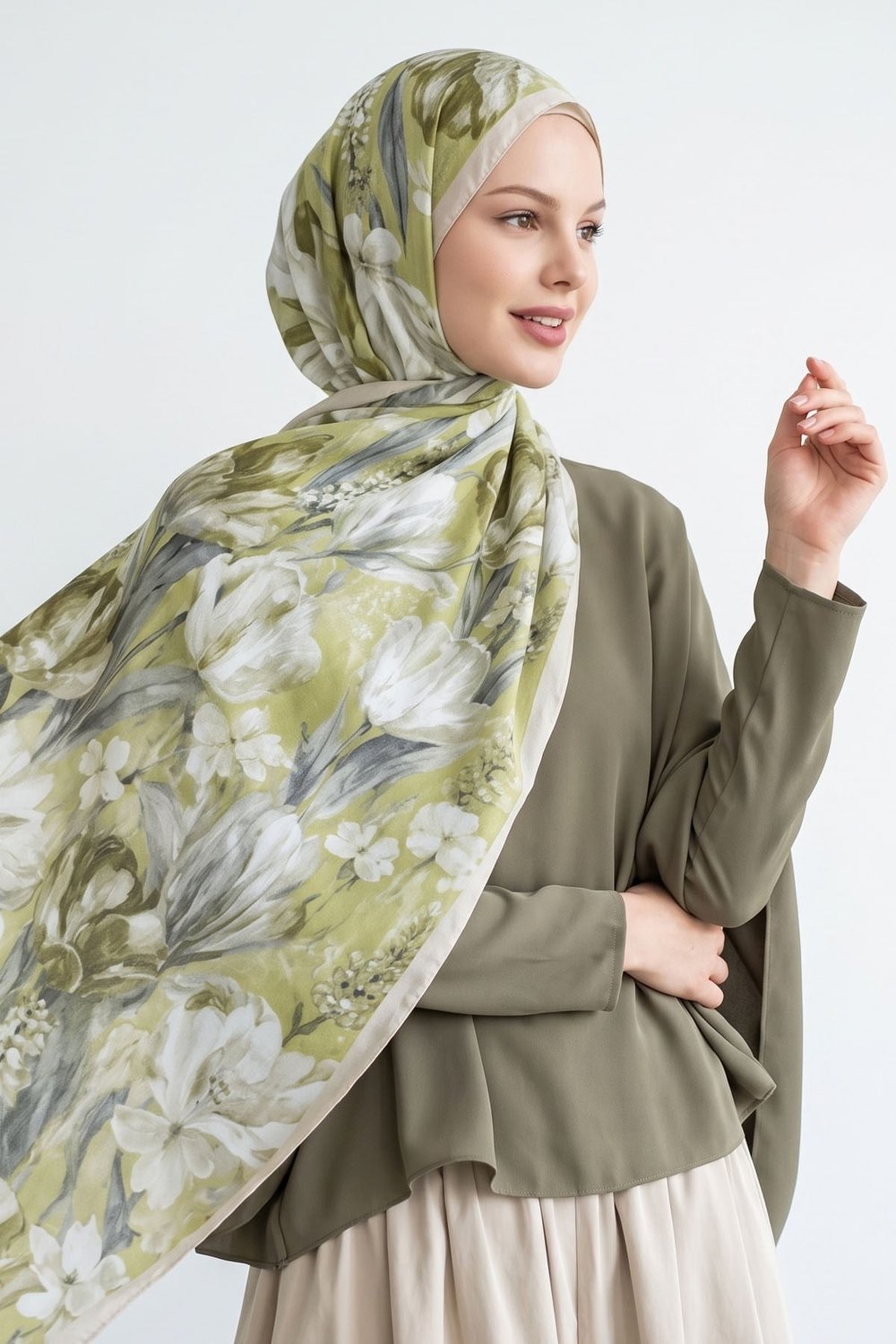 Çiçek Desen Dijital Bambu Kraş Şal - Fıstık Yeşili