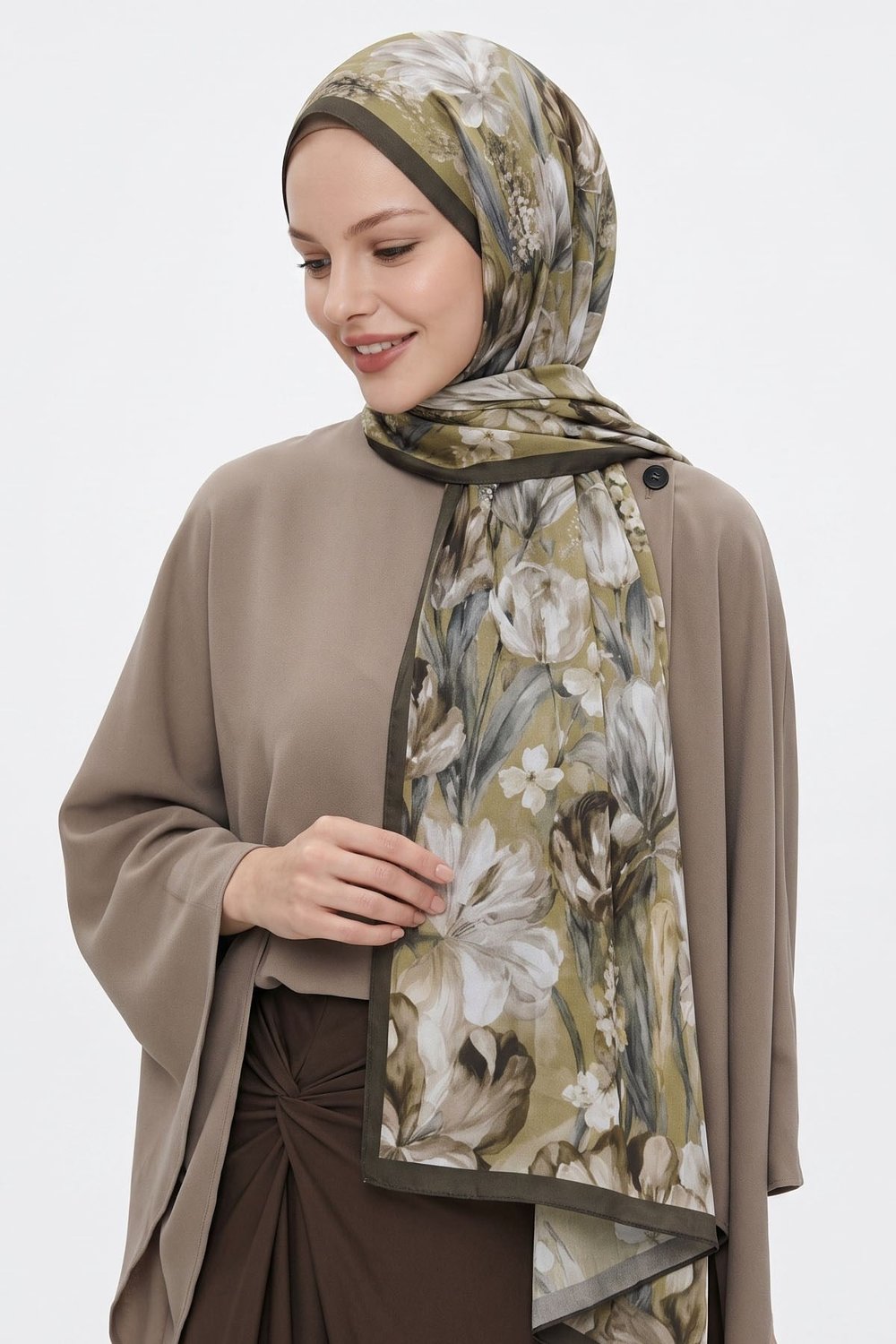Çiçek Desen Dijital Bambu Kraş Şal - Kahverengi
