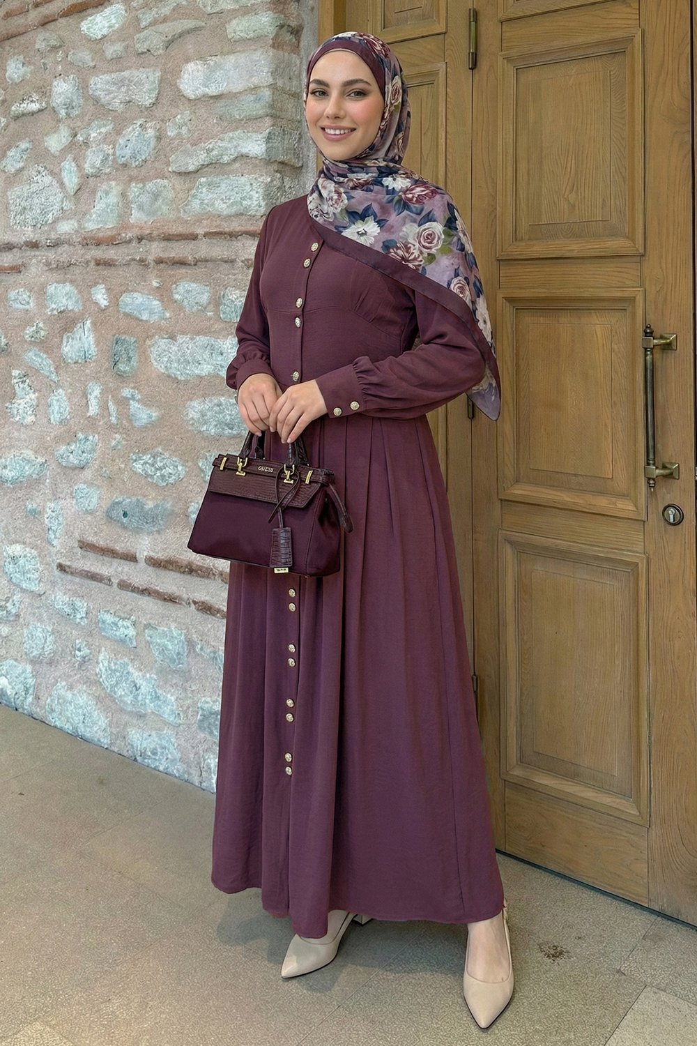 Çift Gold Düğmeli Mürdüm Elbise