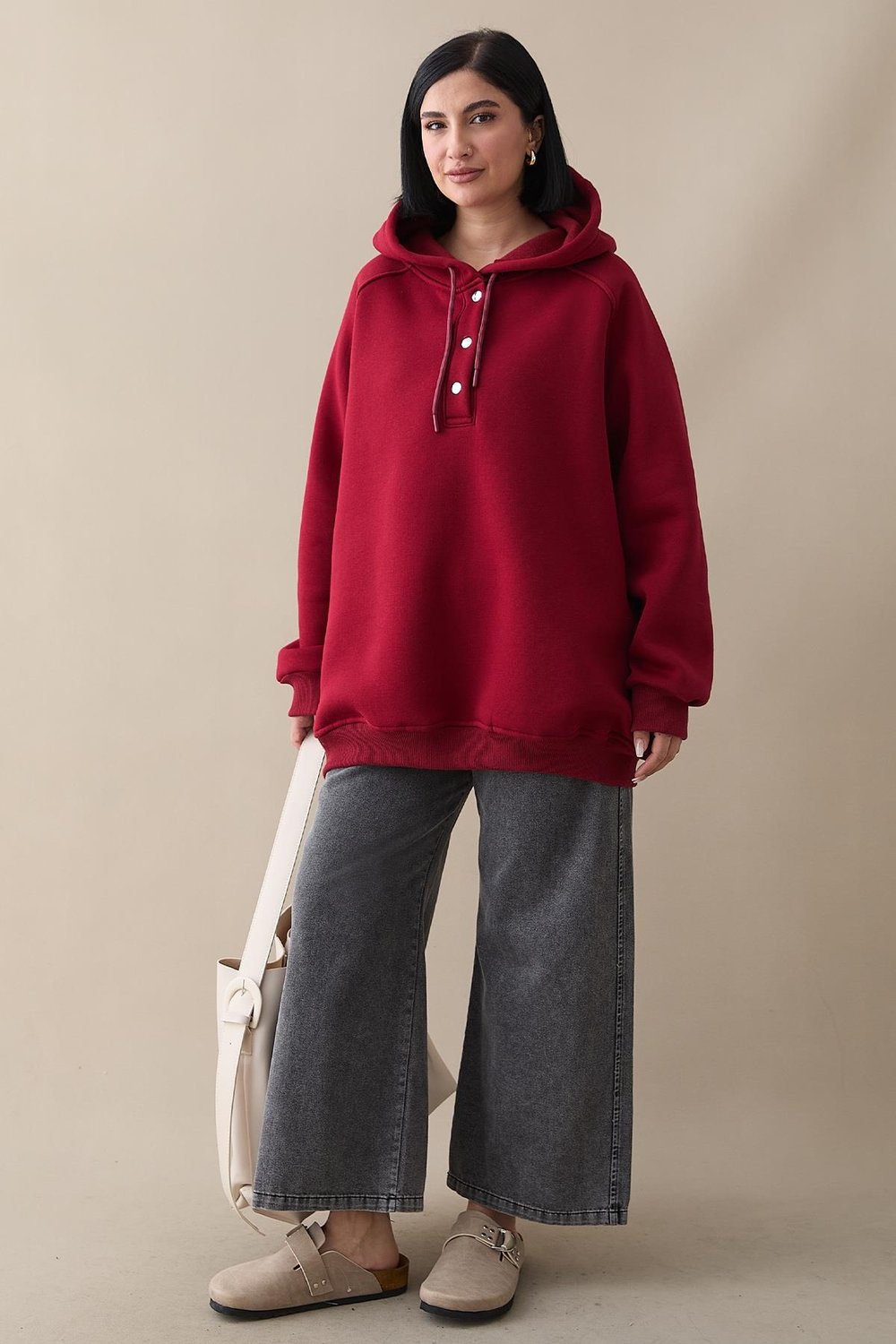 Çıtçıt Yaka Kapüşonlu Bordo Sweat