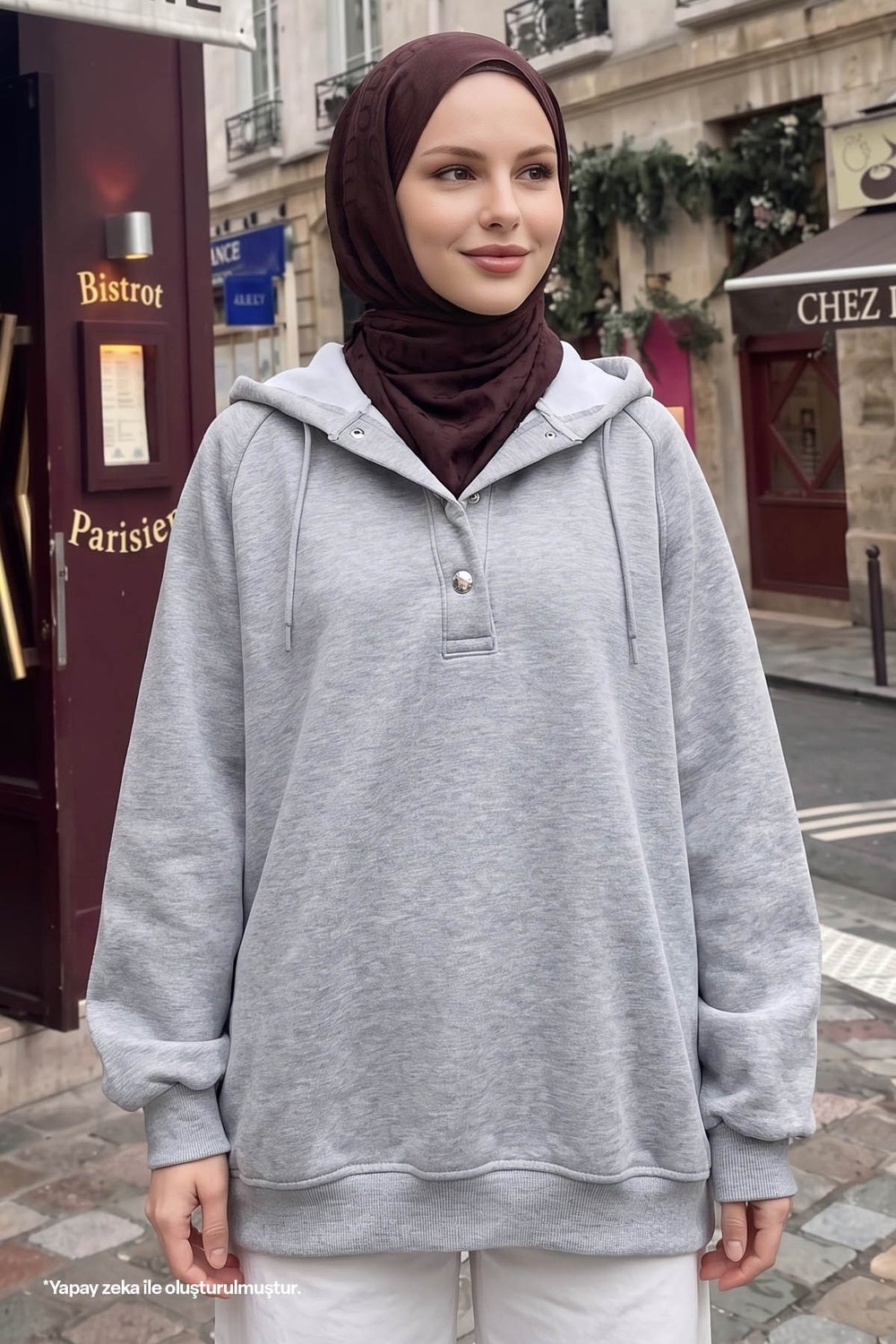Çıtçıt Yaka Kapüşonlu Gri Sweat