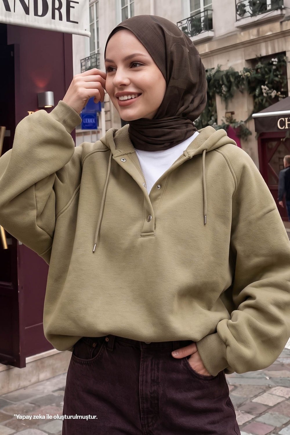 Çıtçıt Yaka Kapüşonlu Haki Sweat