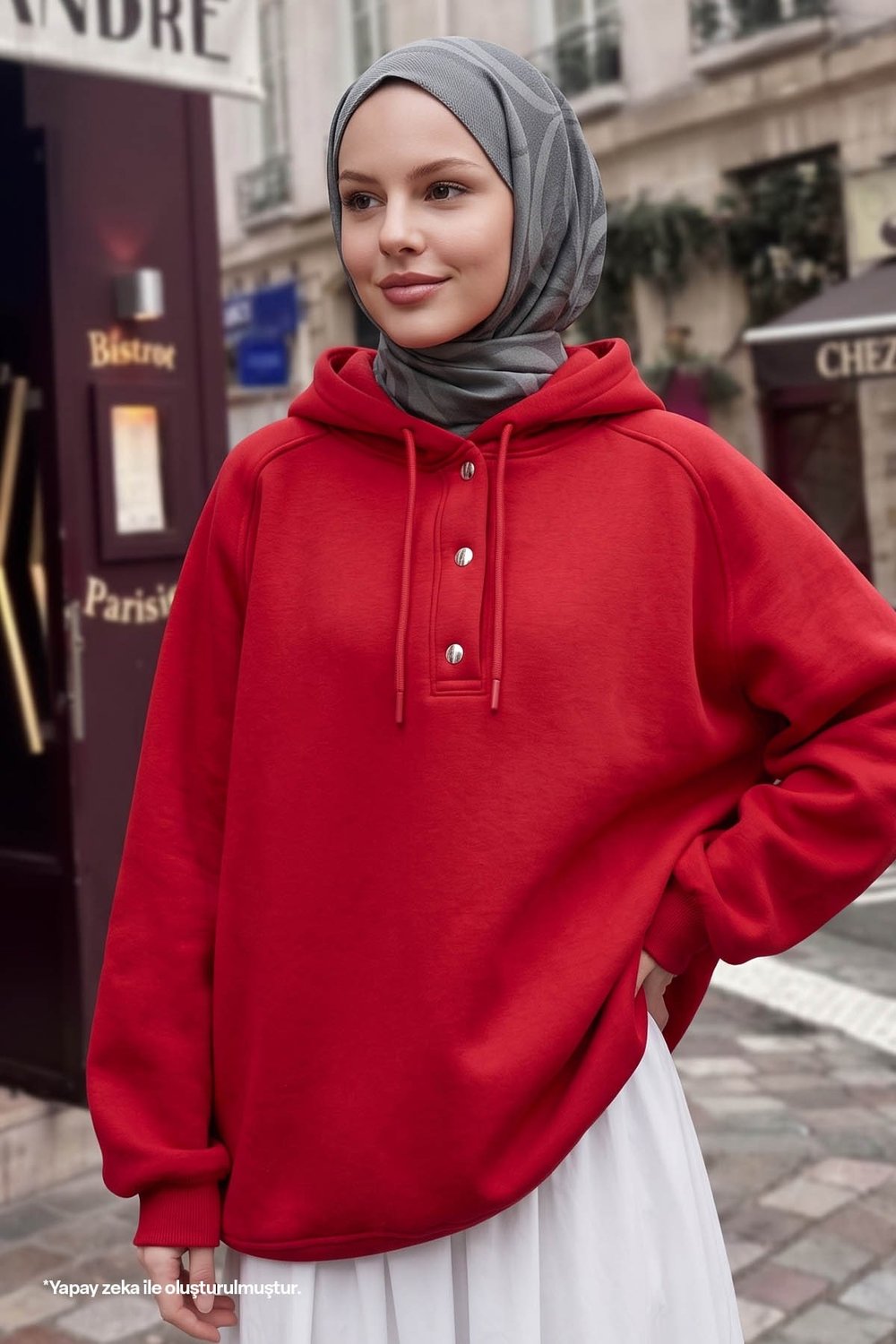 Çıtçıt Yaka Kapüşonlu Kırmızı Sweat