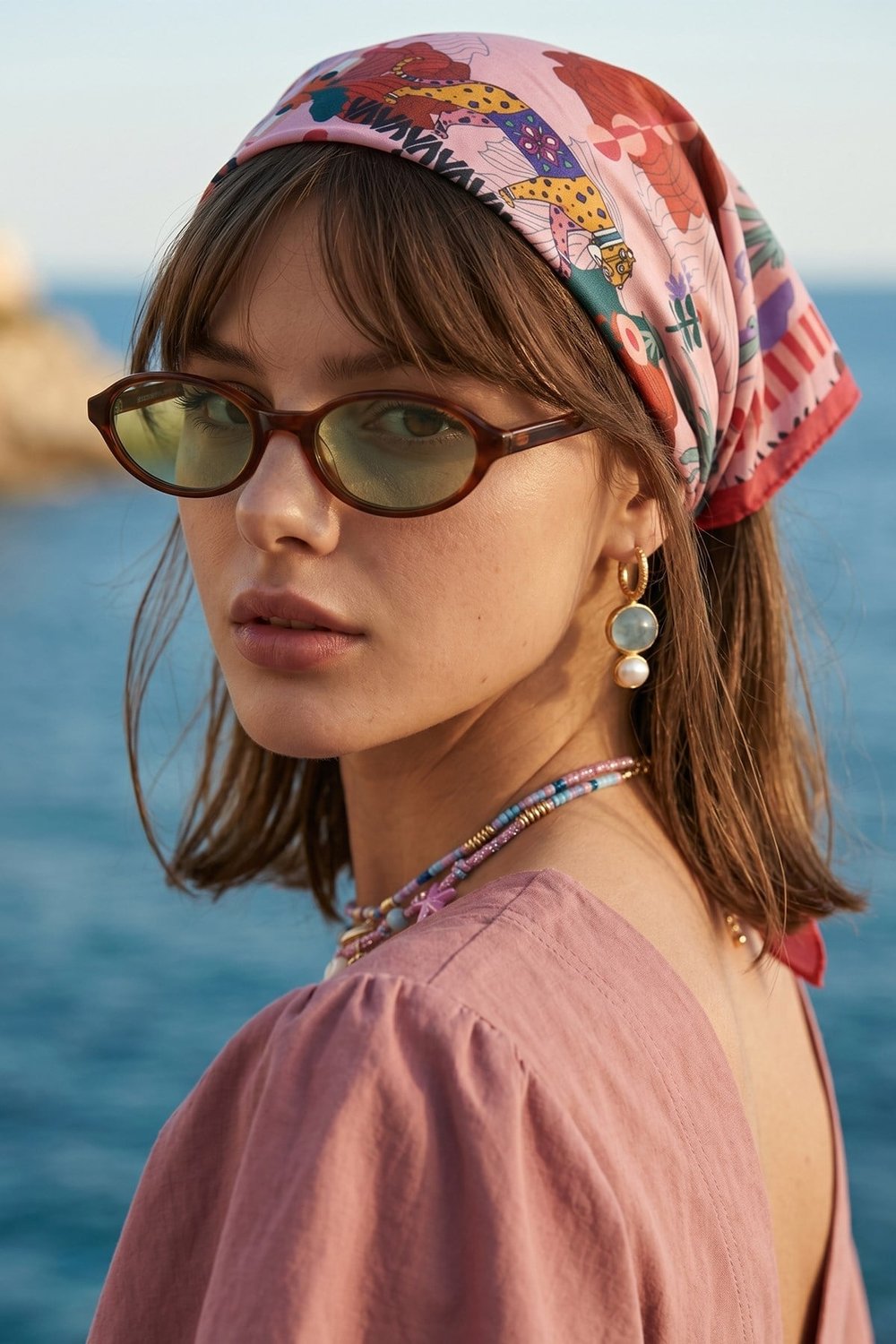 Çizgi Motif Desenli Koyu Pembe Bandana Fular 50x50