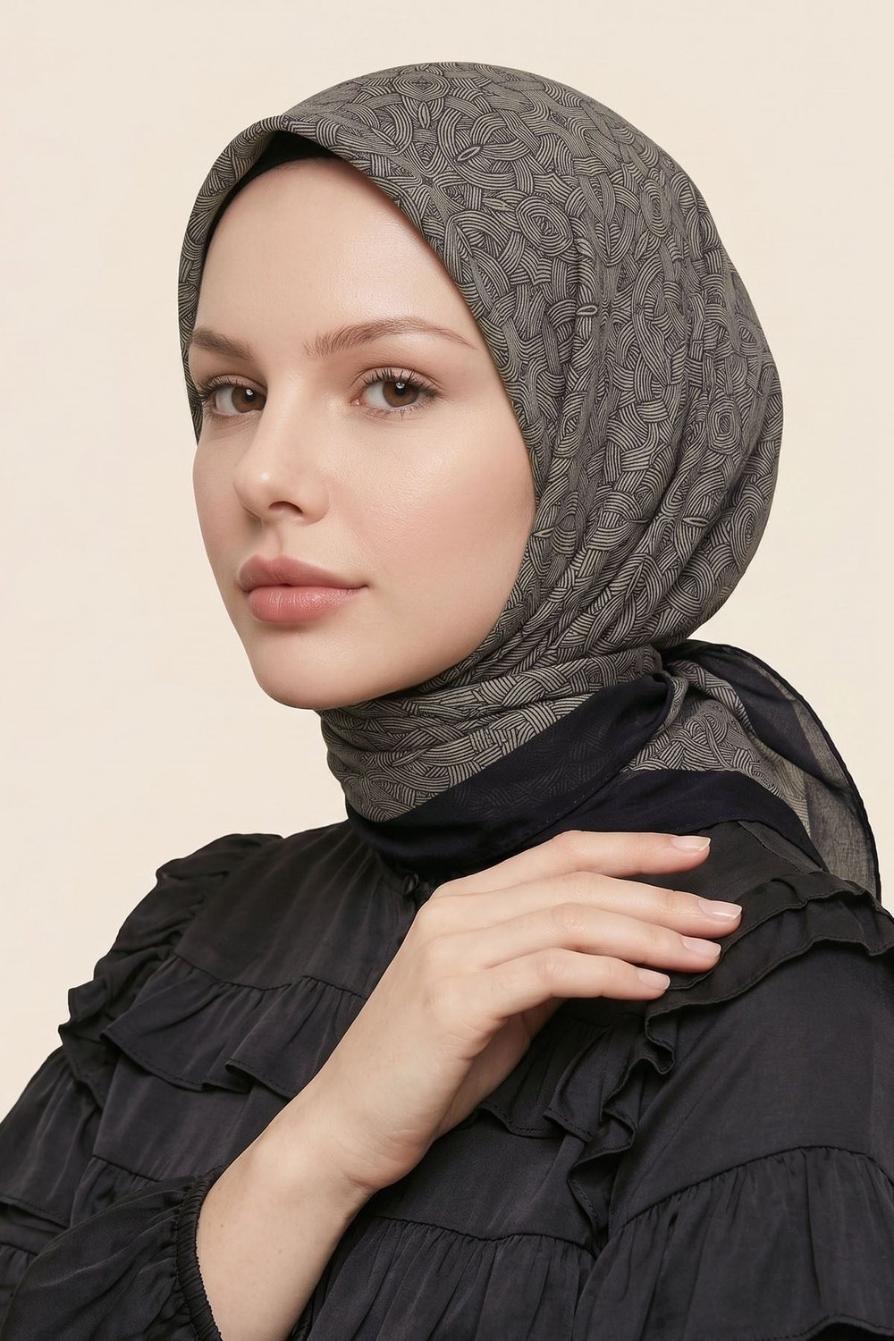 Çizgi Sarmal Desen Siyah Soft Pamuk Eşarp