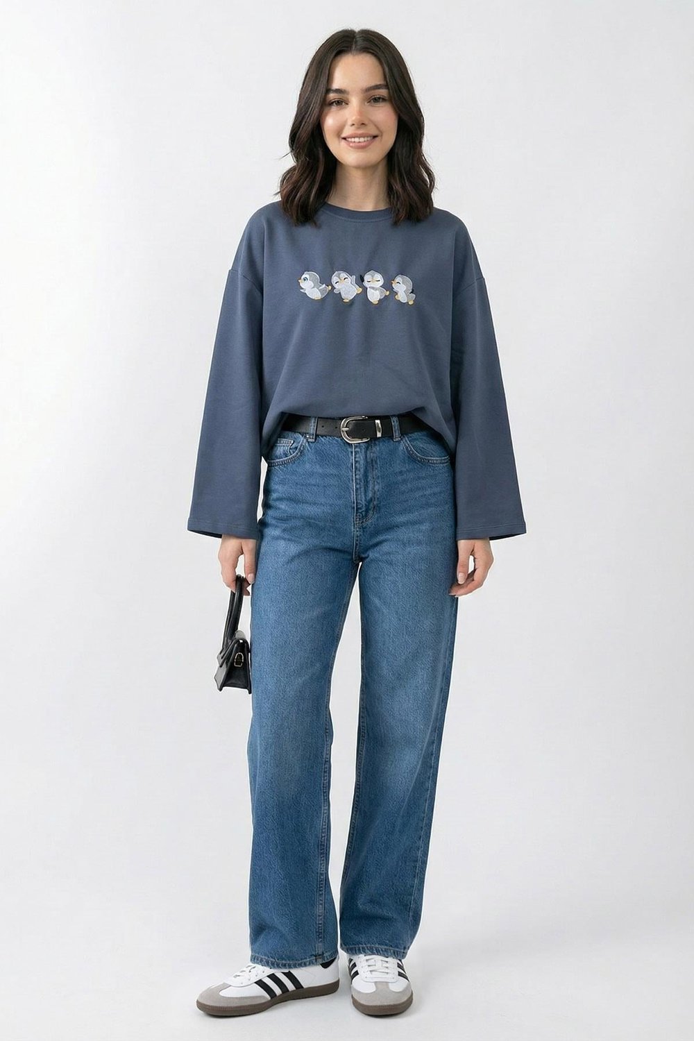 Çoklu Penguen Nakışlı Oversize Antrasit Sweat