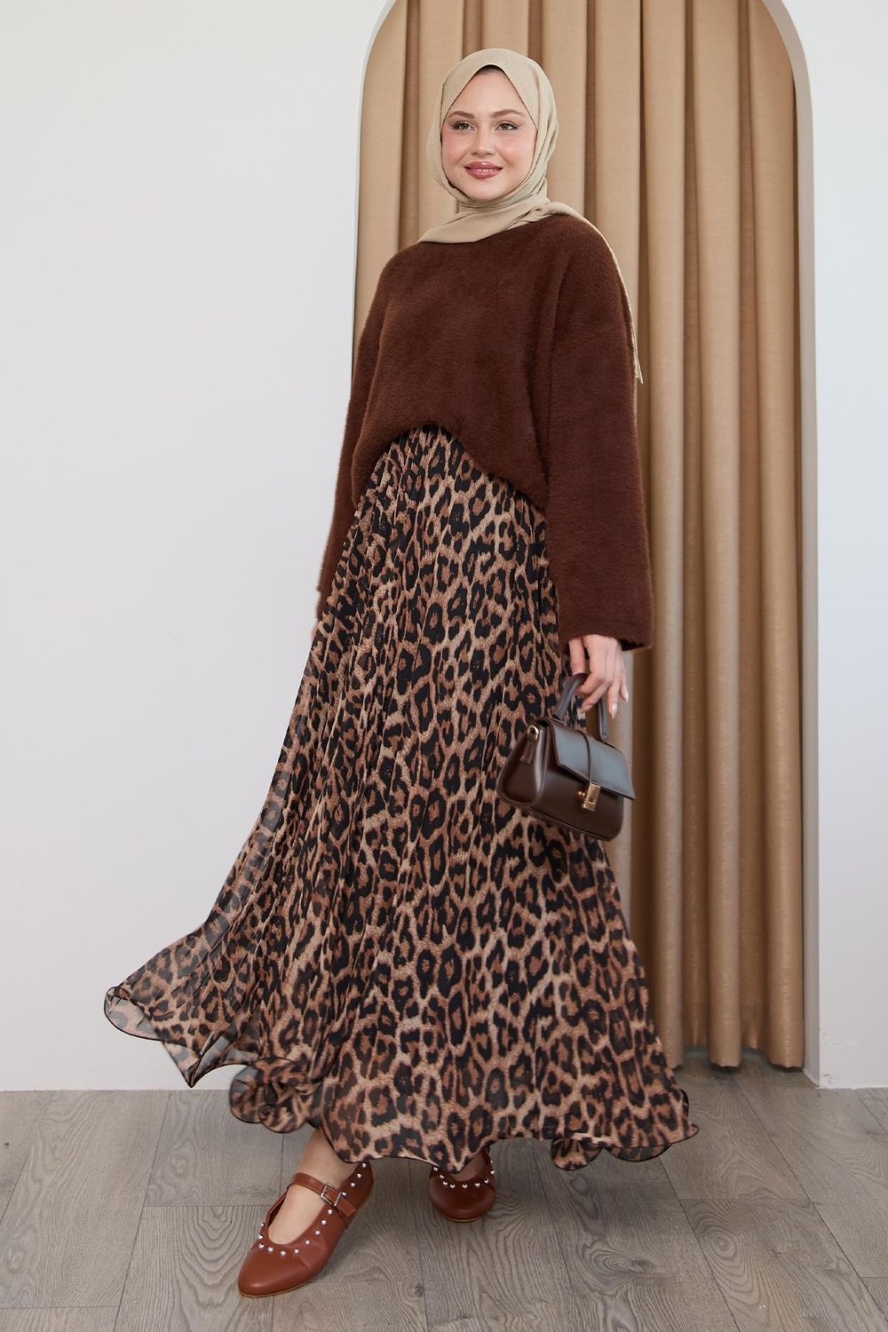 Dökümlü Kıvrımlı Leopar Desen Taba Şifon Etek