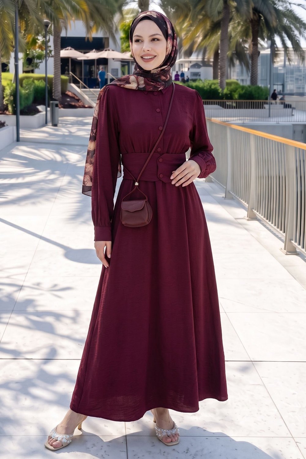 Düğmeli Beli Lastikli Bordo Elbise