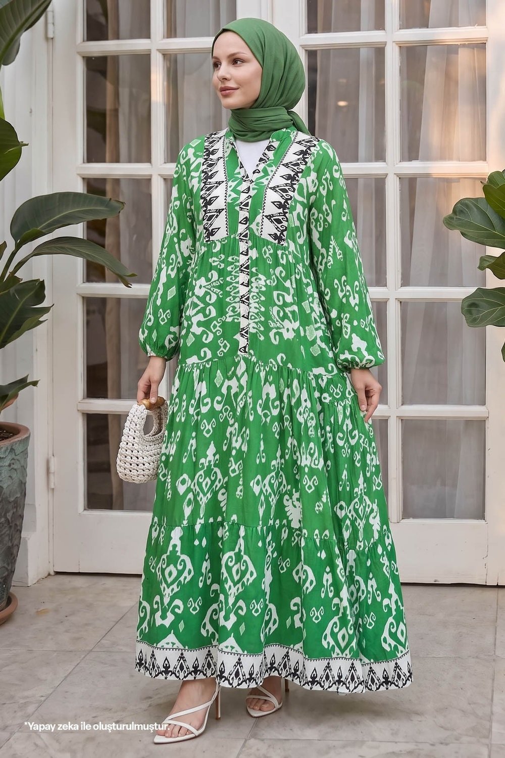 Buttoned Loose Patterned Green Viscose Dress
