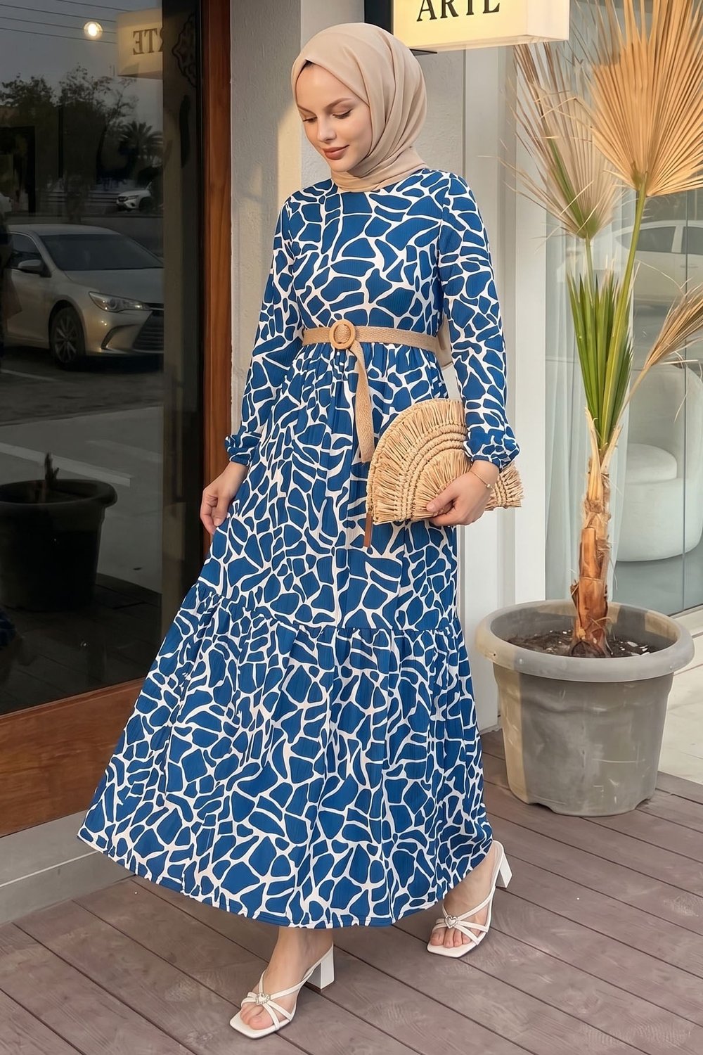 Else Stone Patterned Straw Belted Indigo Dress