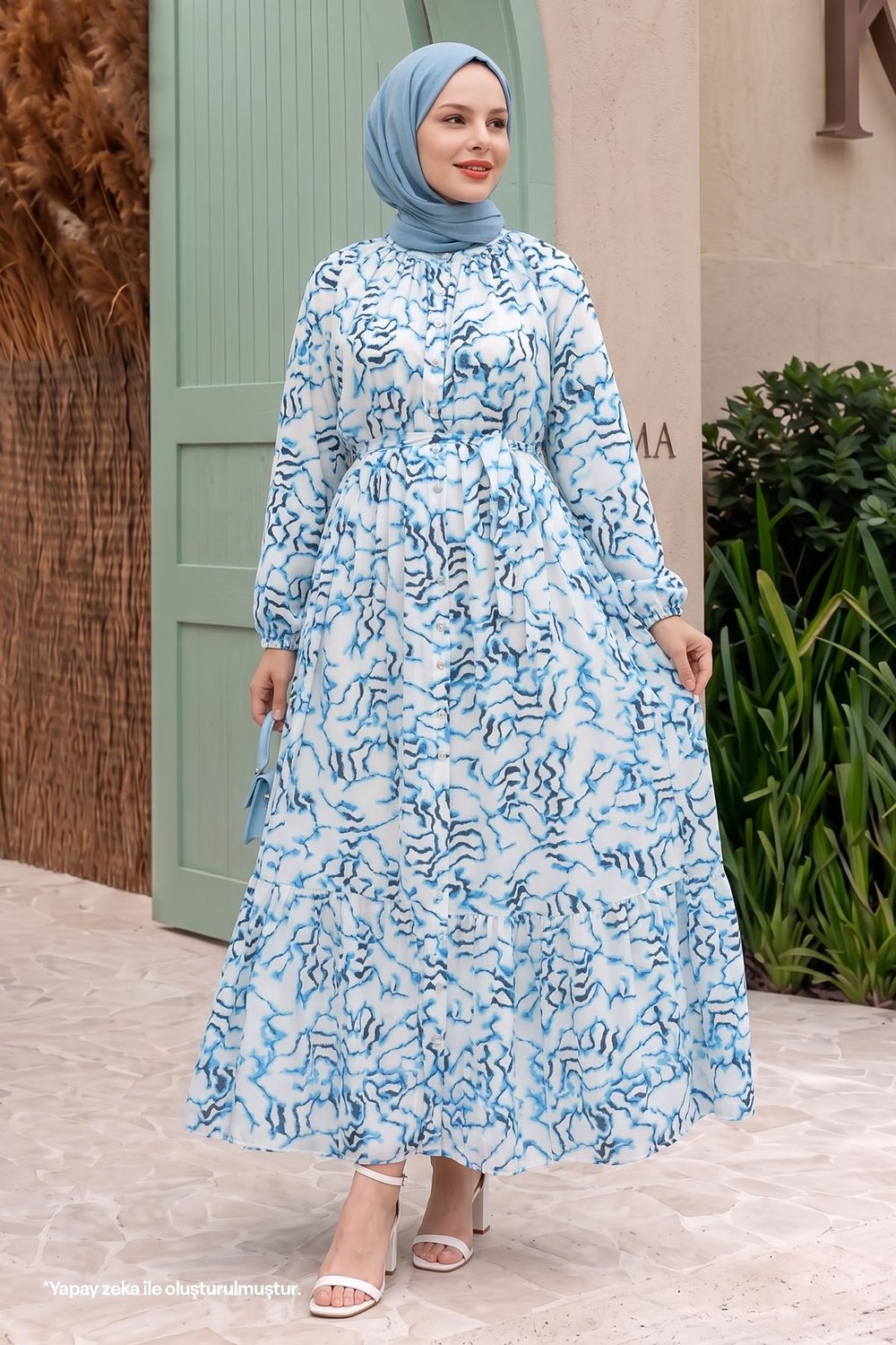 Ruffled Hem Blue Satin Dress