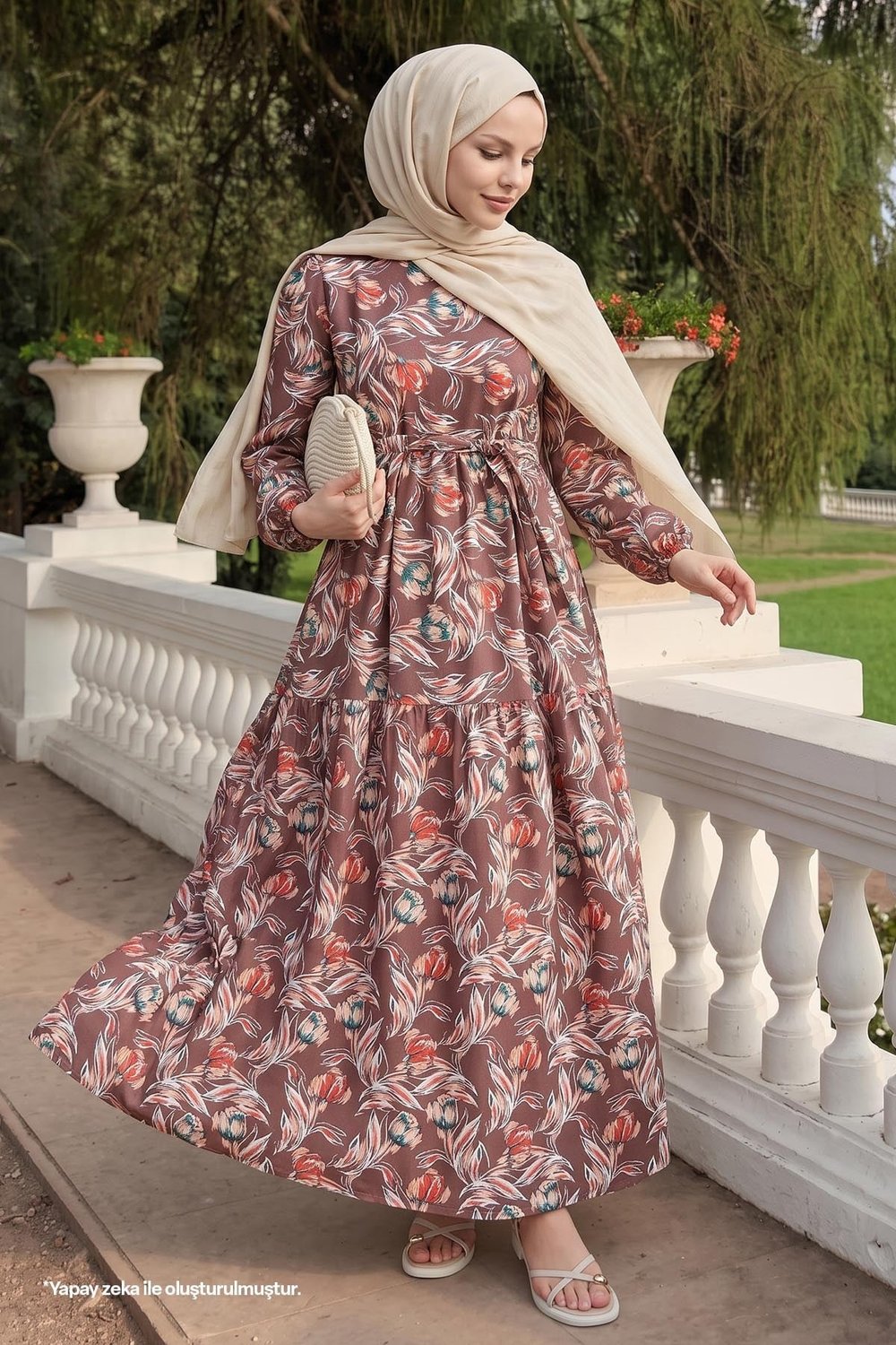Felara Floral Belted Dress - Dark Brown
