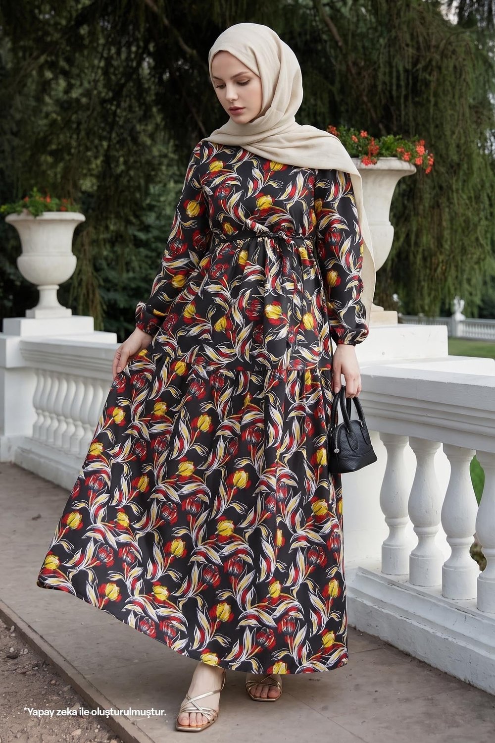 Felara Floral Belted Dress - Black