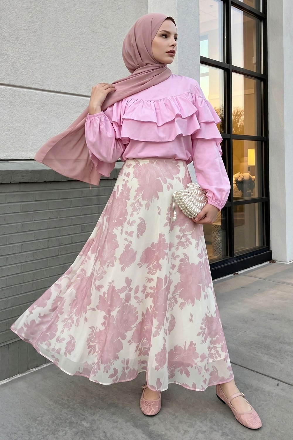 Fırfır Bluzlu Etekli Pembe Takım