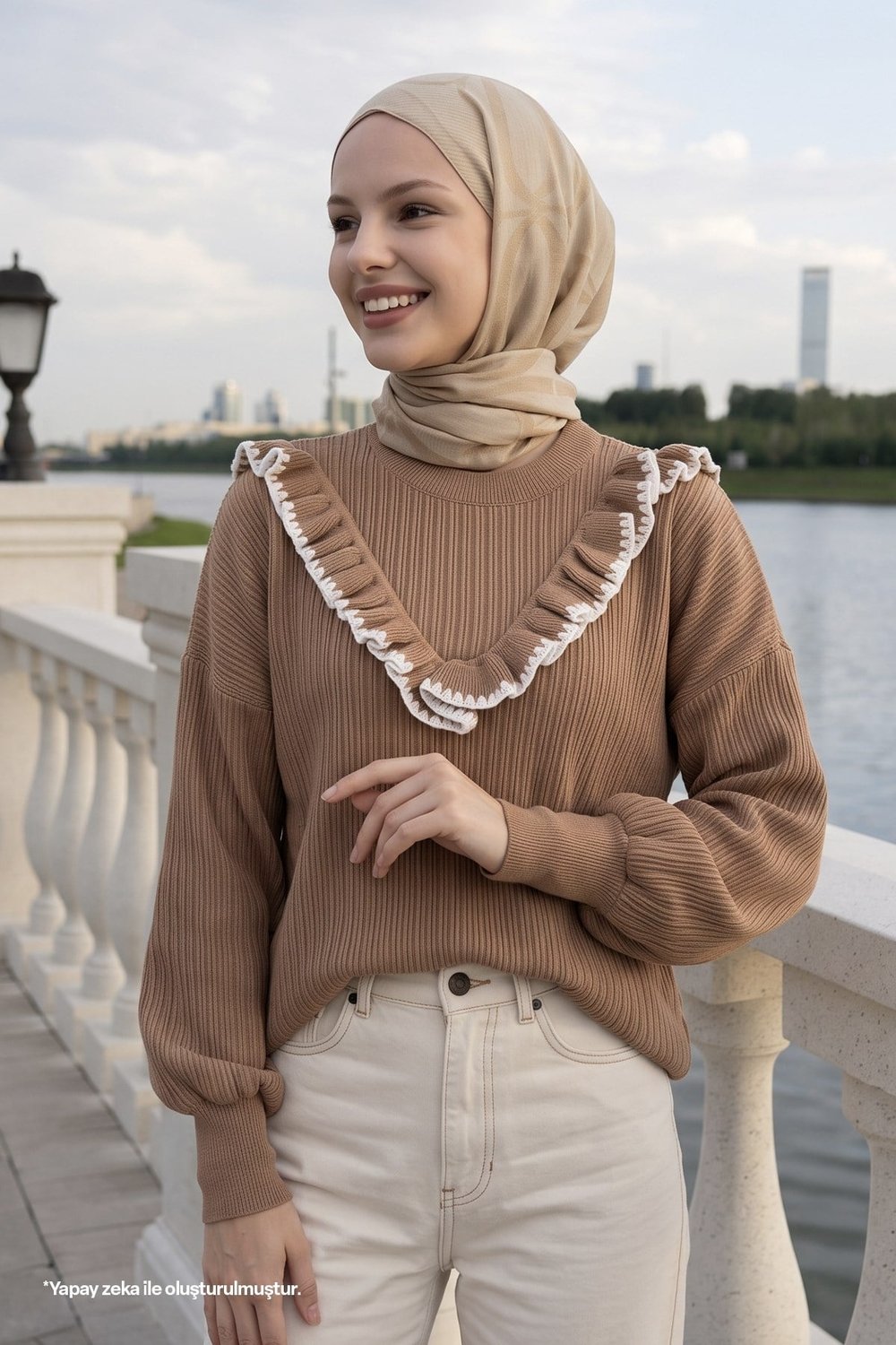 Ruffled Stitch Detail Camel Knit Sweater