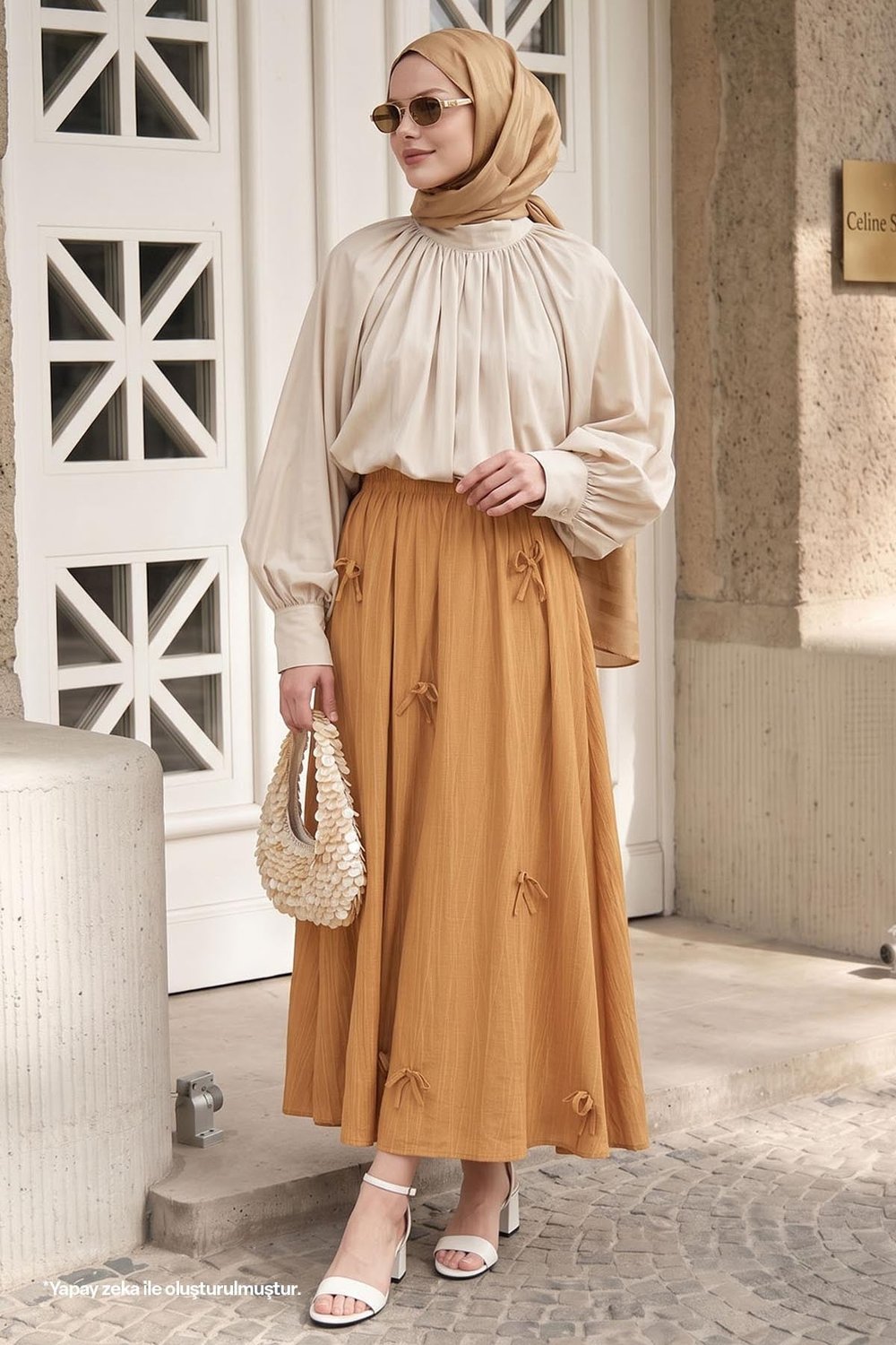 Fiyonk Detay Beli Lastikli Camel Etek