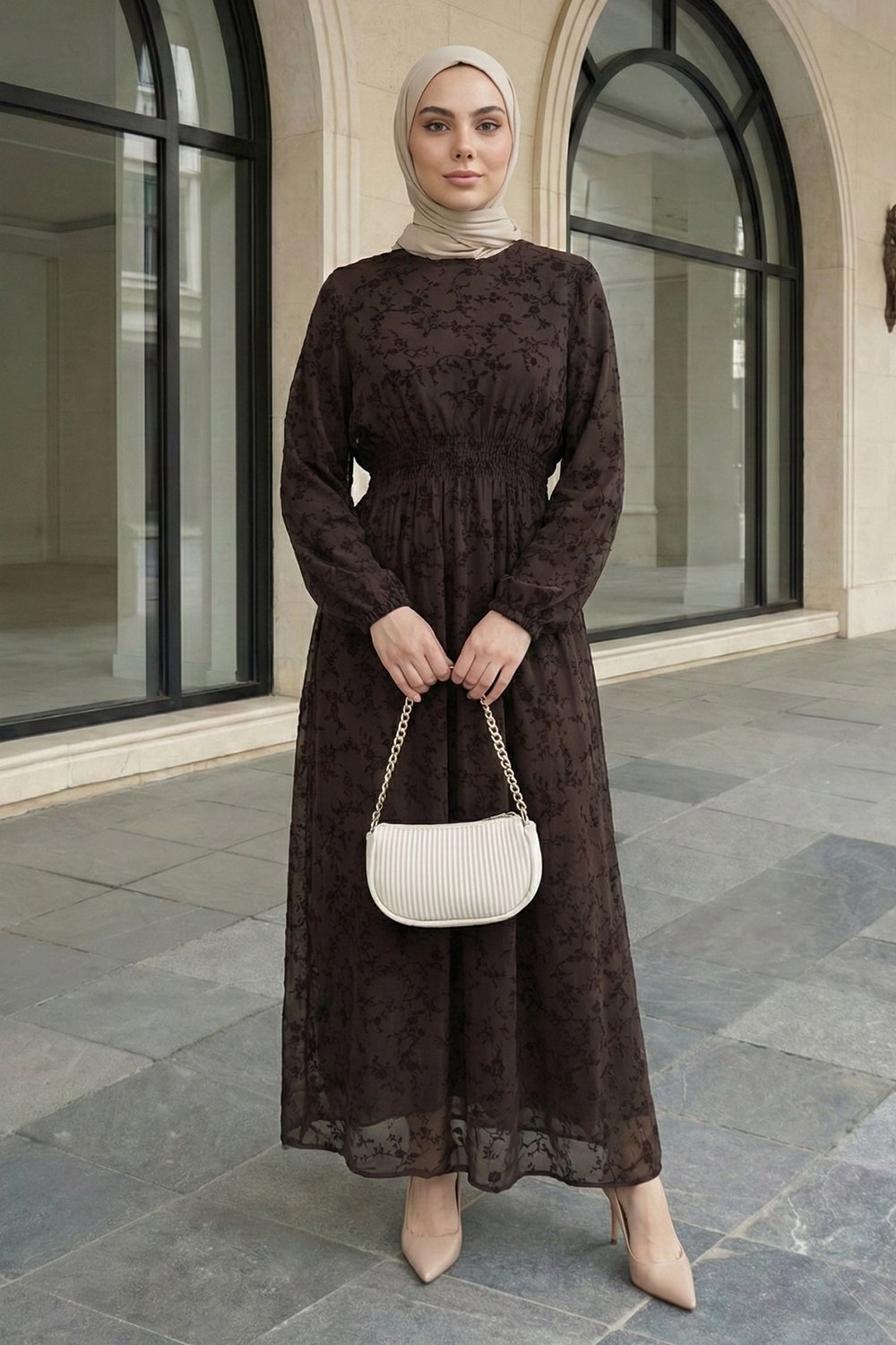 Flok Tül Acı Kahve Elbise