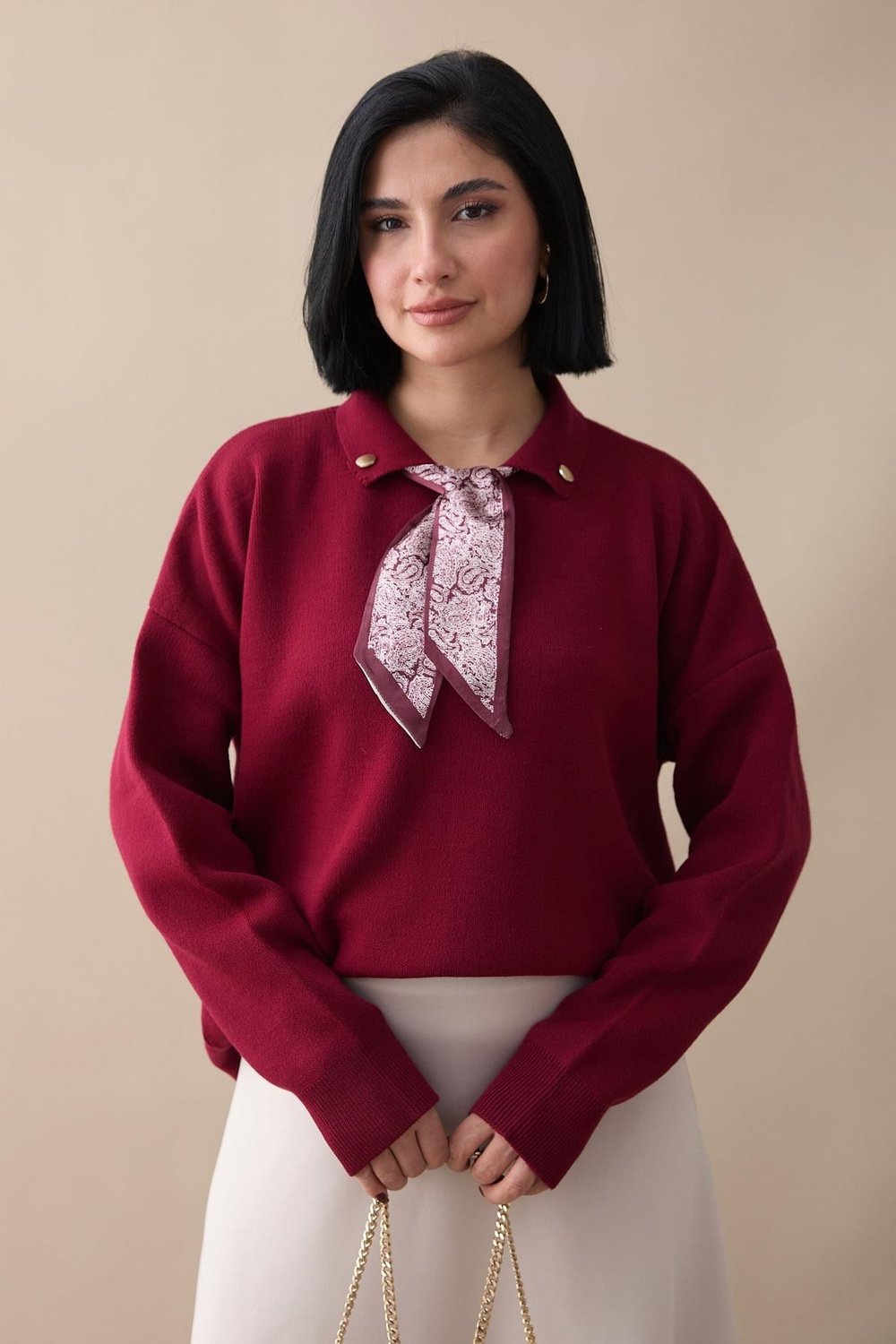 Fularlı Triko Bordo Tunik