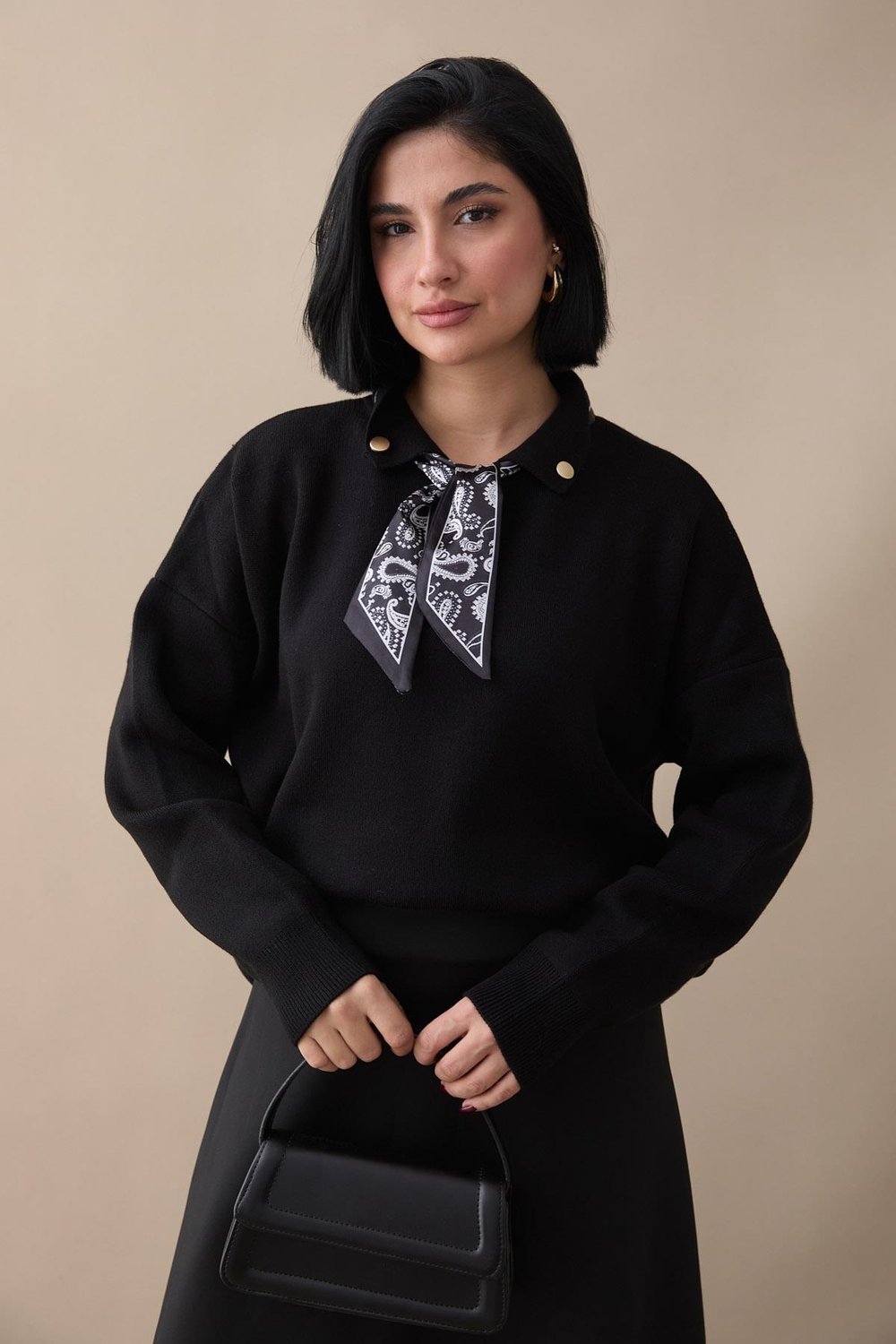 Fularlı Triko Siyah Tunik