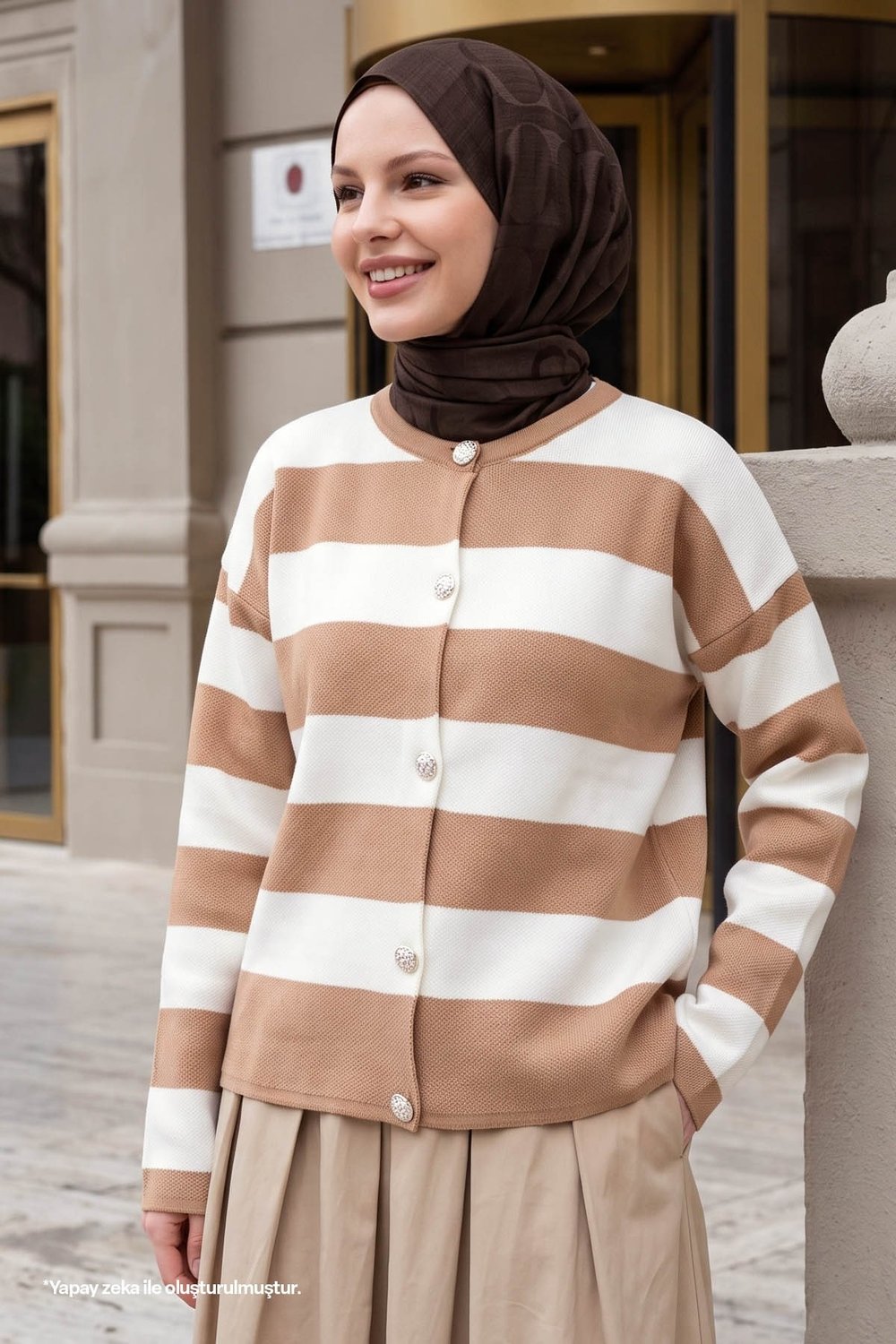 Gold Button Striped Camel Knit Cardigan